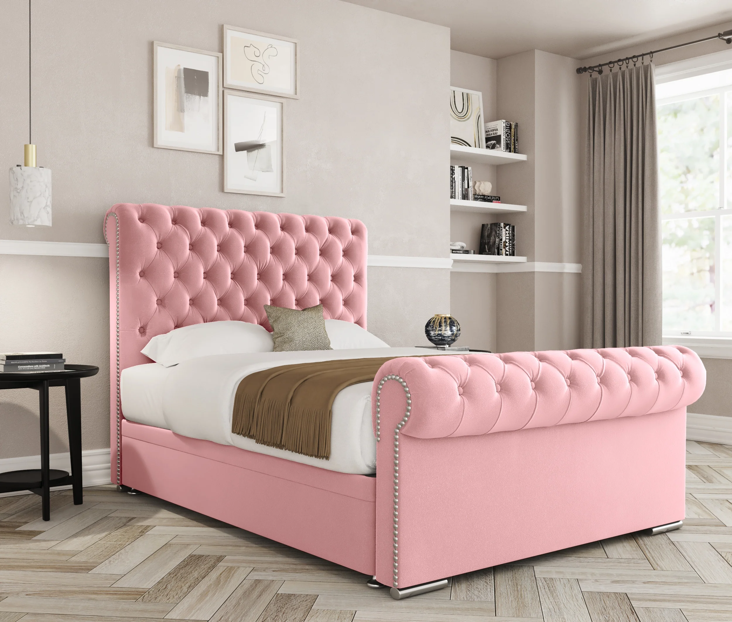 a pink bed in a room