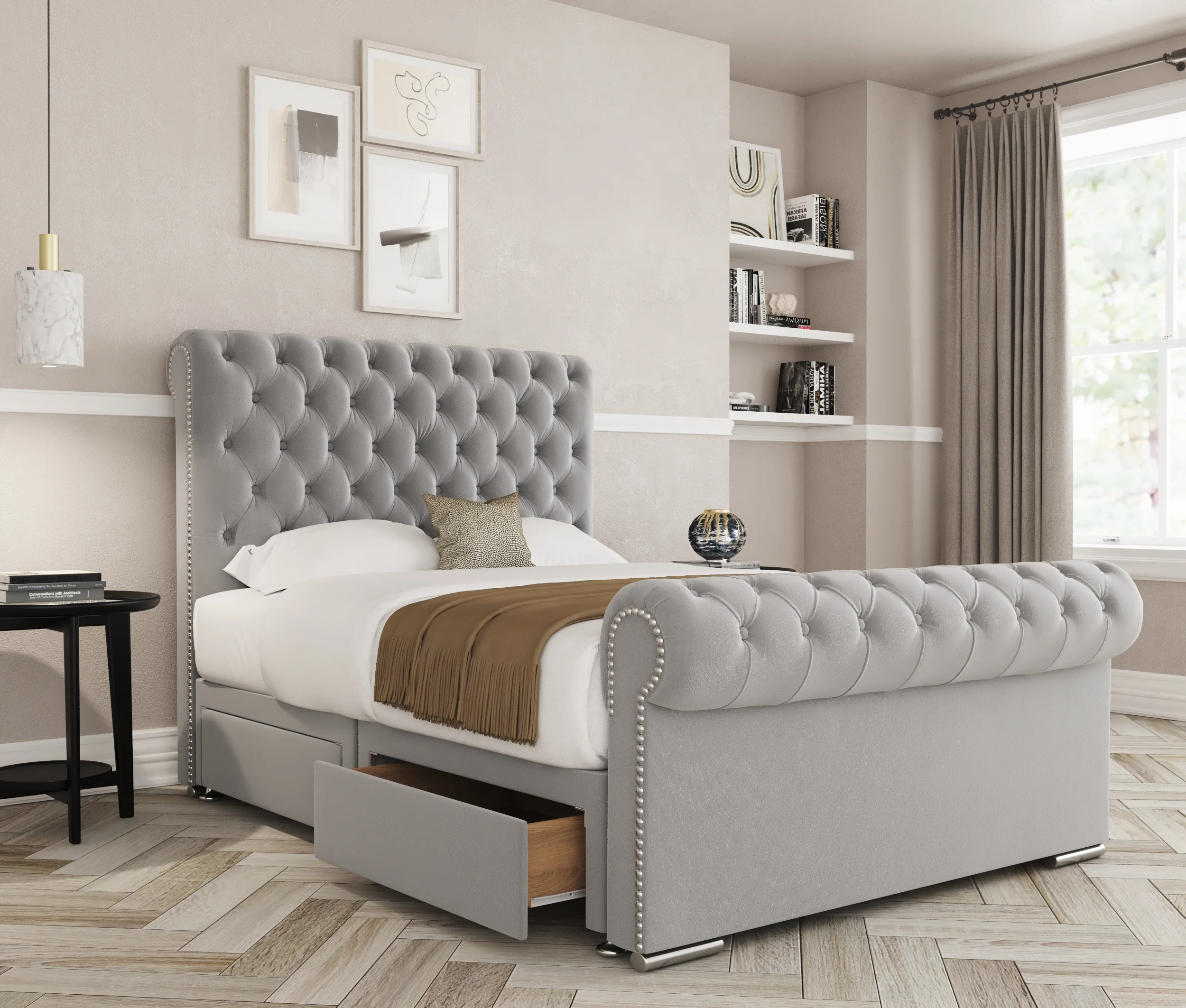 a bed with a storage drawer