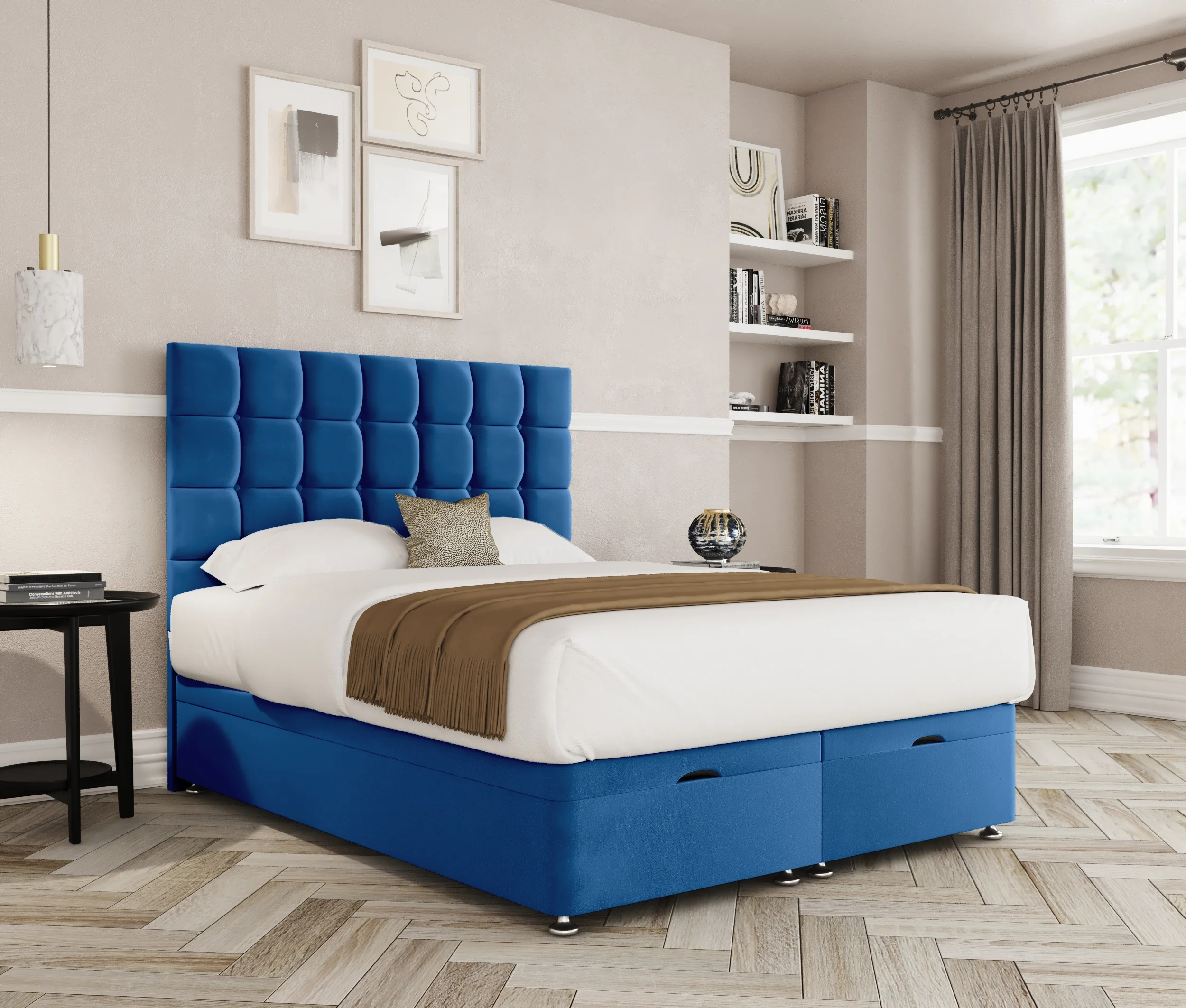 a blue bed in a room