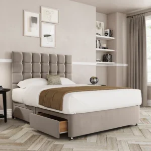 a bed with a storage drawer in a room