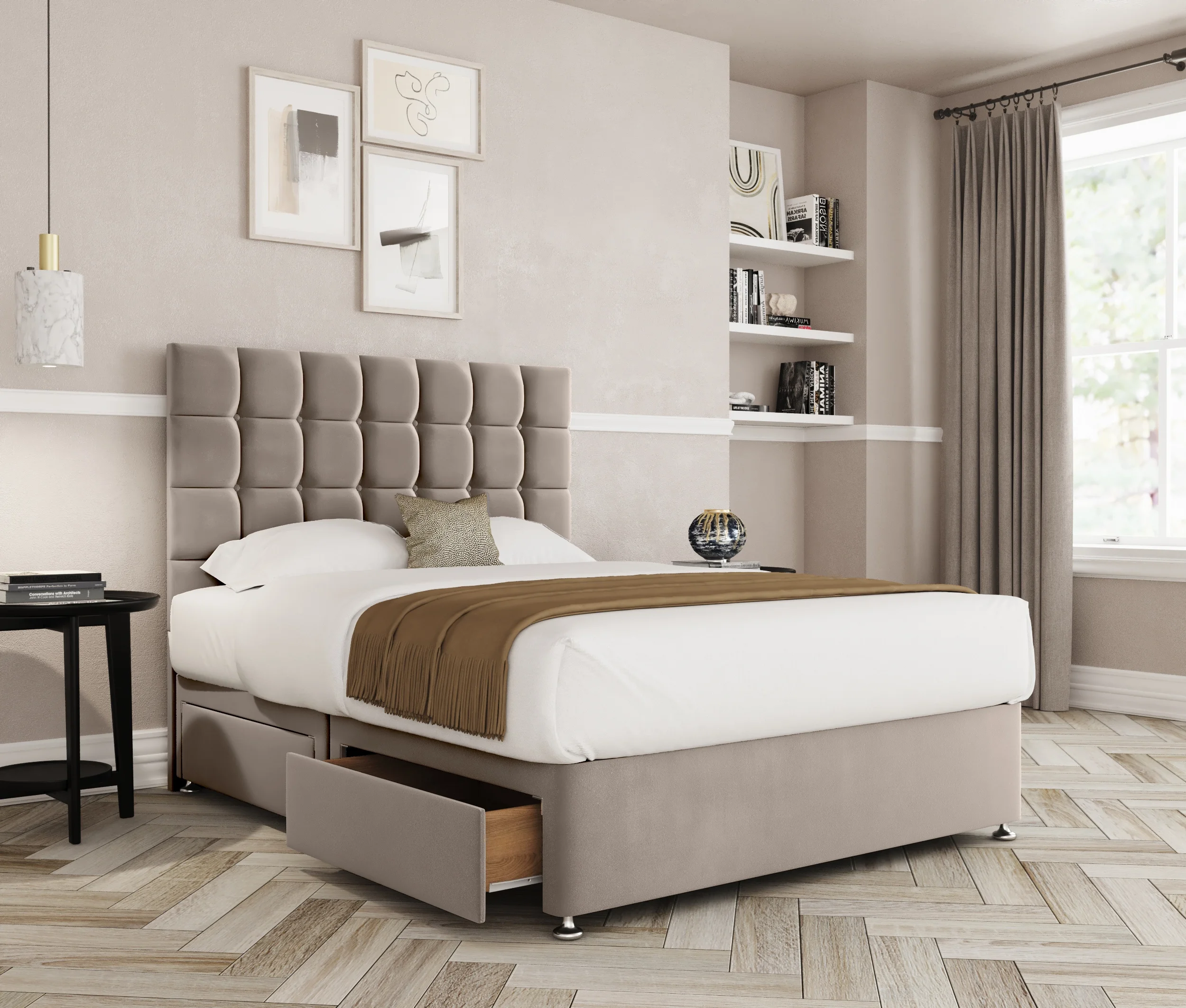 a bed with a storage drawer in a room