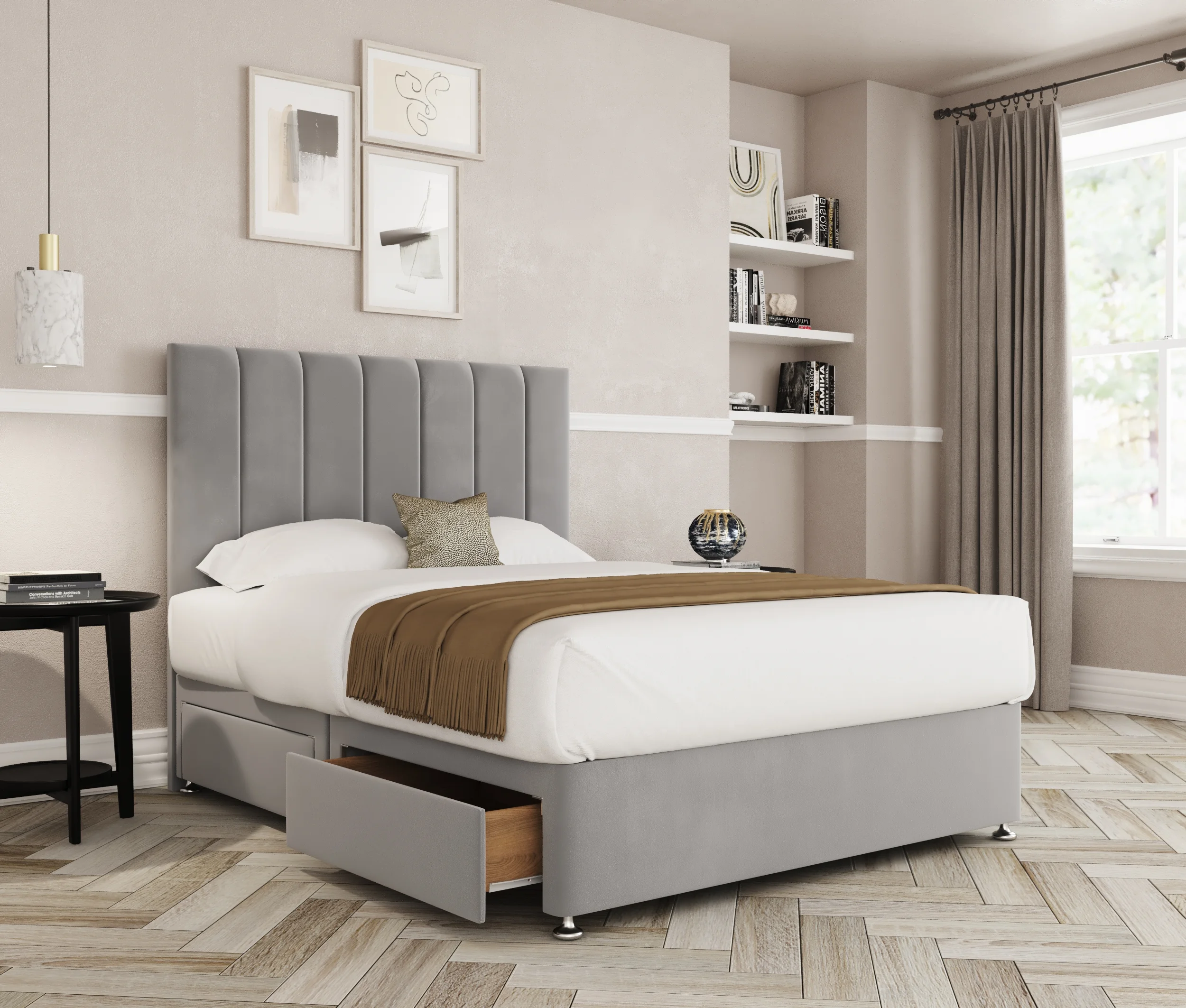 a bed with a storage drawer