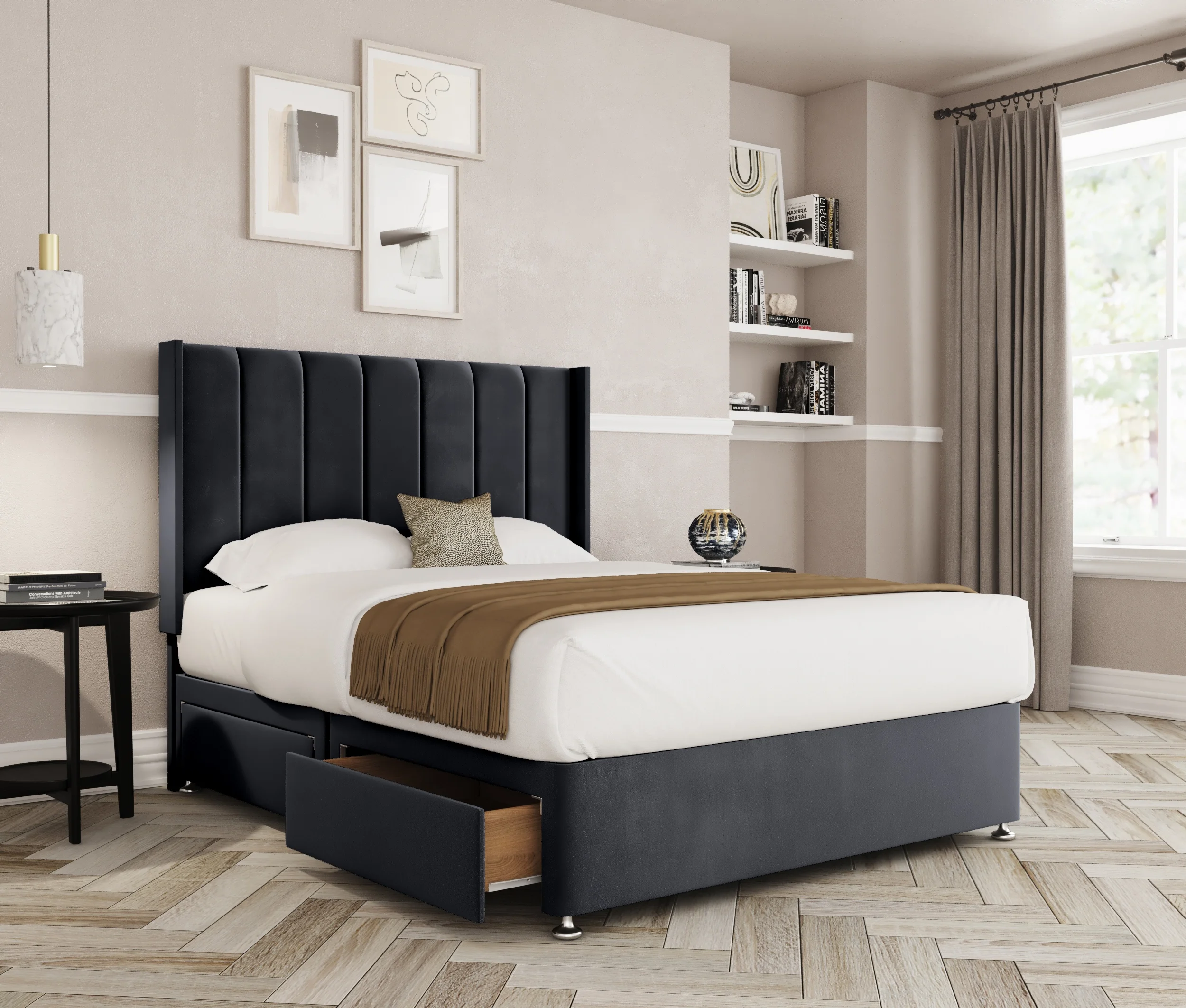 a bed with a storage drawer