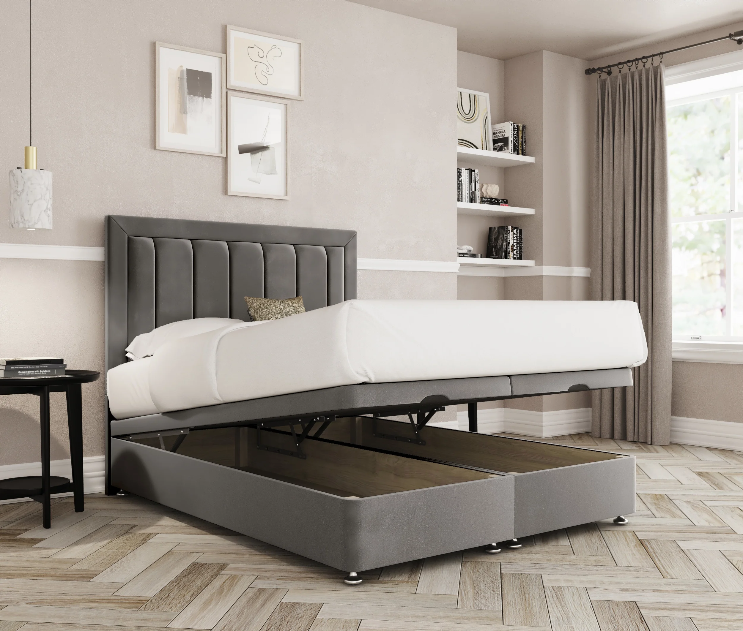 a bed with a storage bed