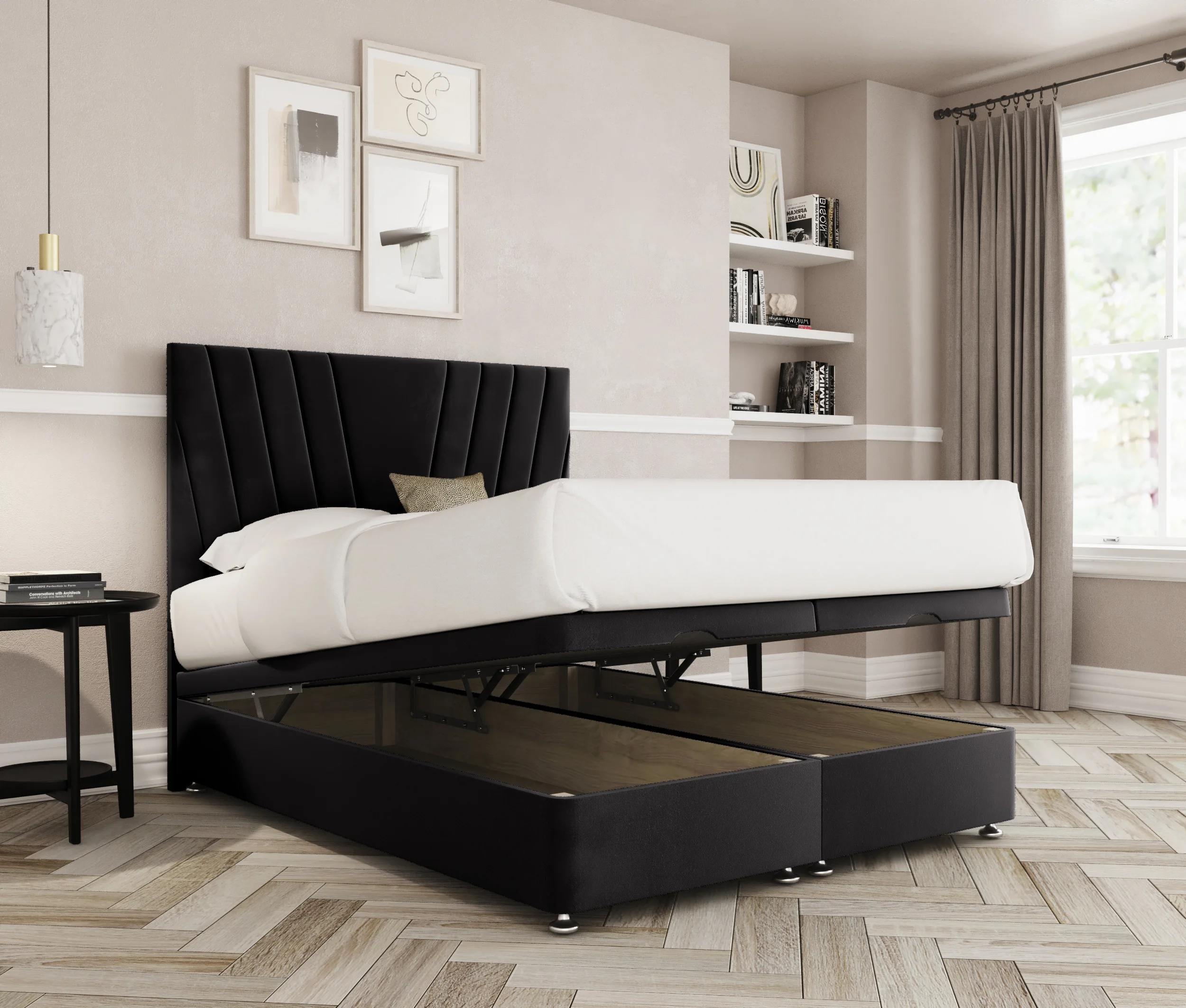 a bed with a storage bed