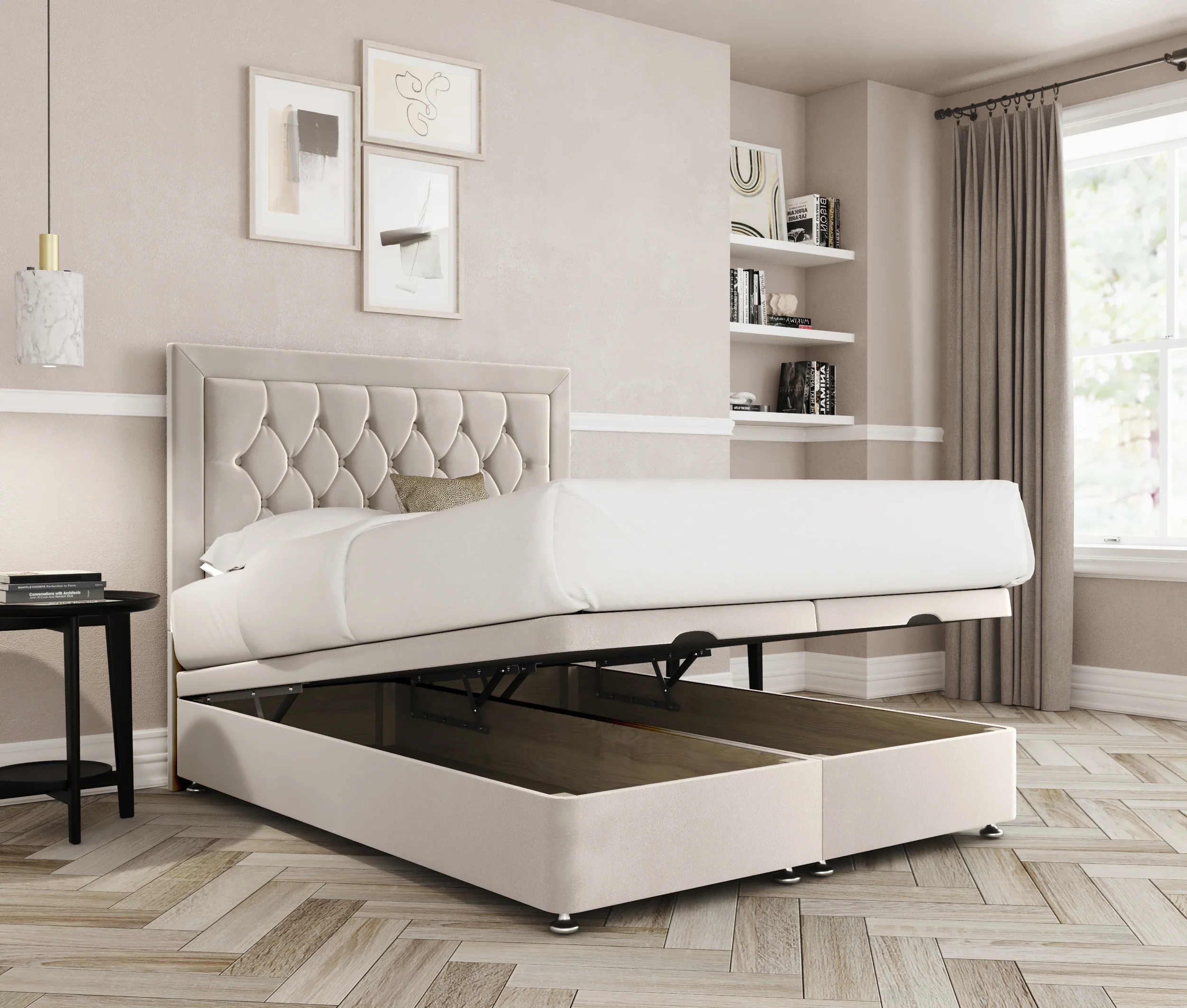 a bed with a storage bed