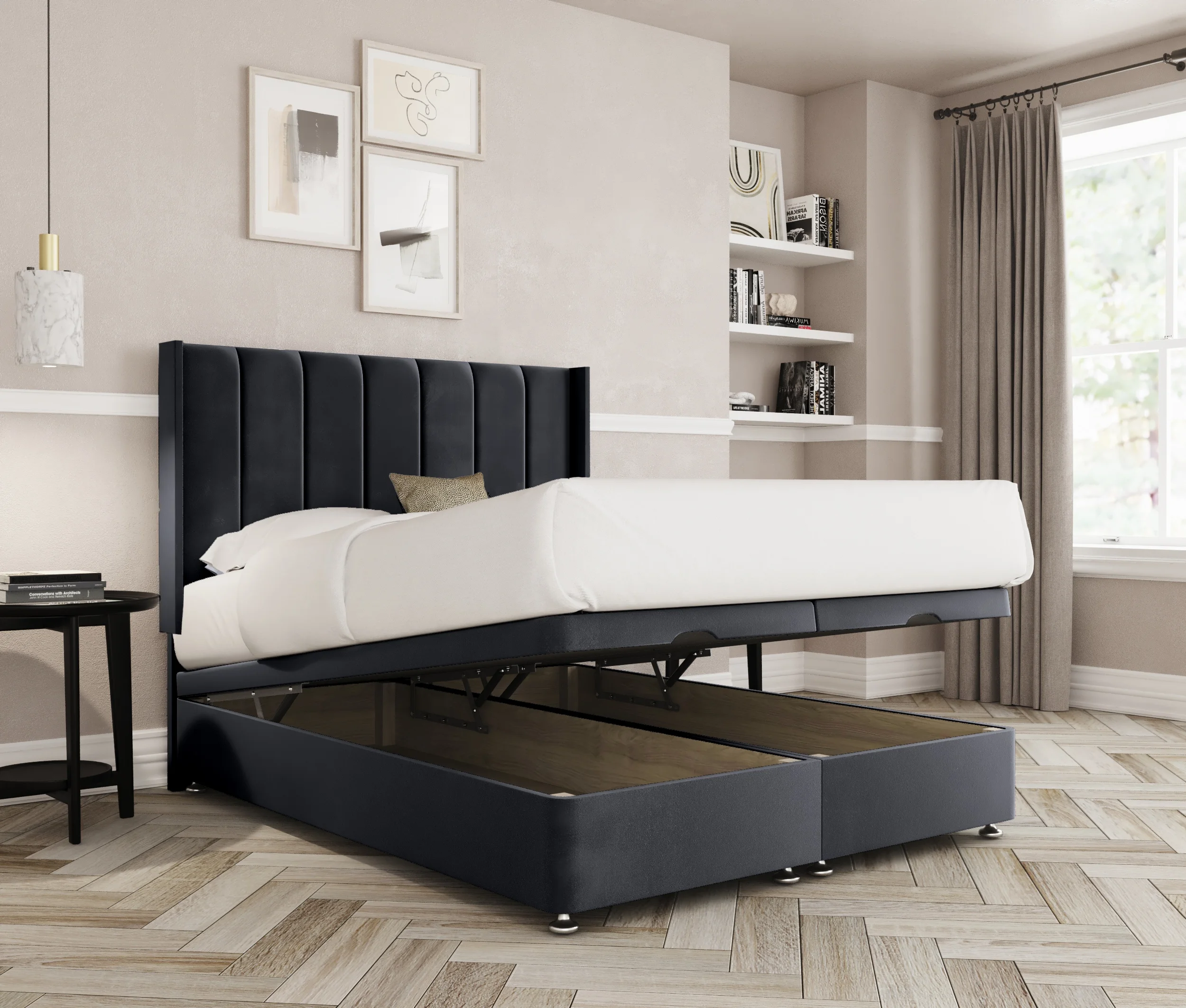 a bed with a storage bed