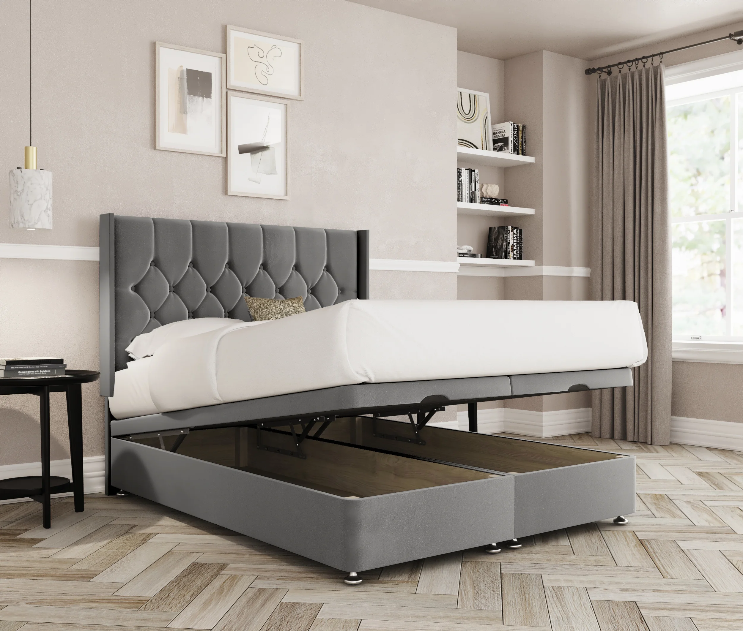 a bed with a storage bed