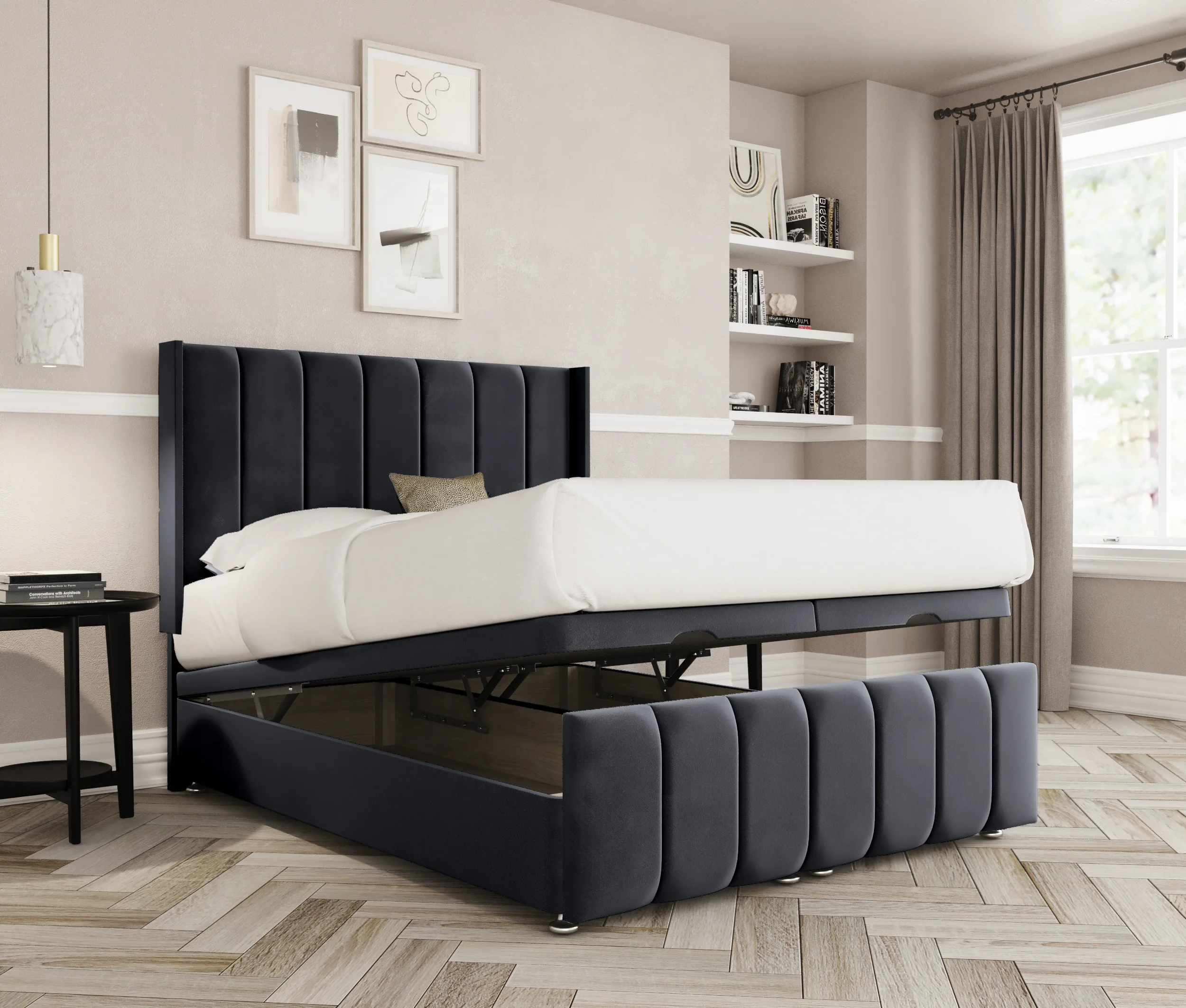a bed with a bed frame