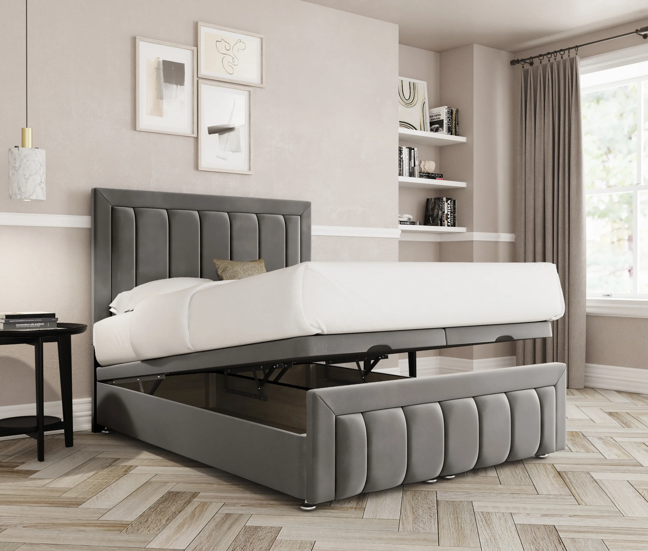 a bed with a bed frame