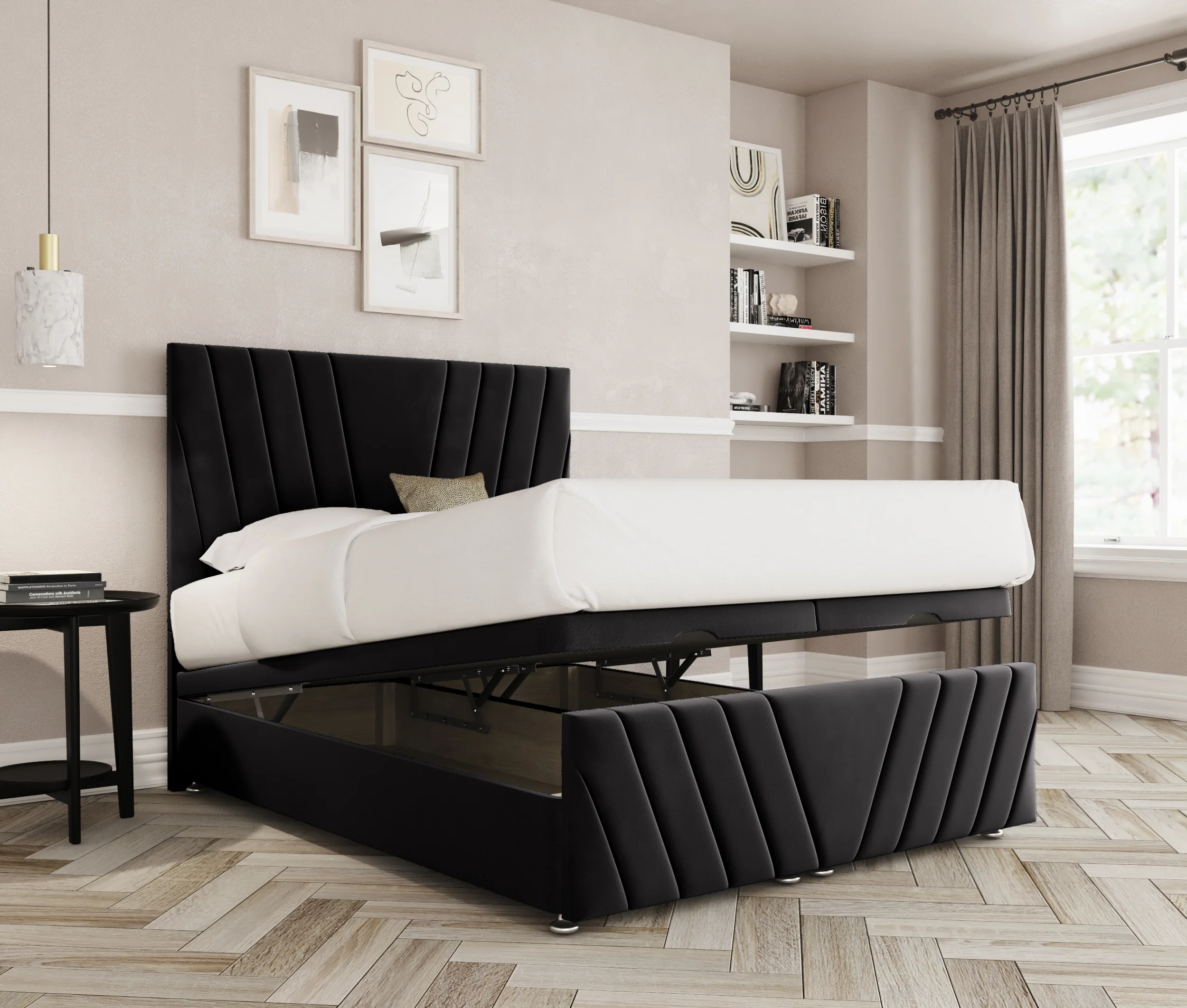 a bed with a bed frame