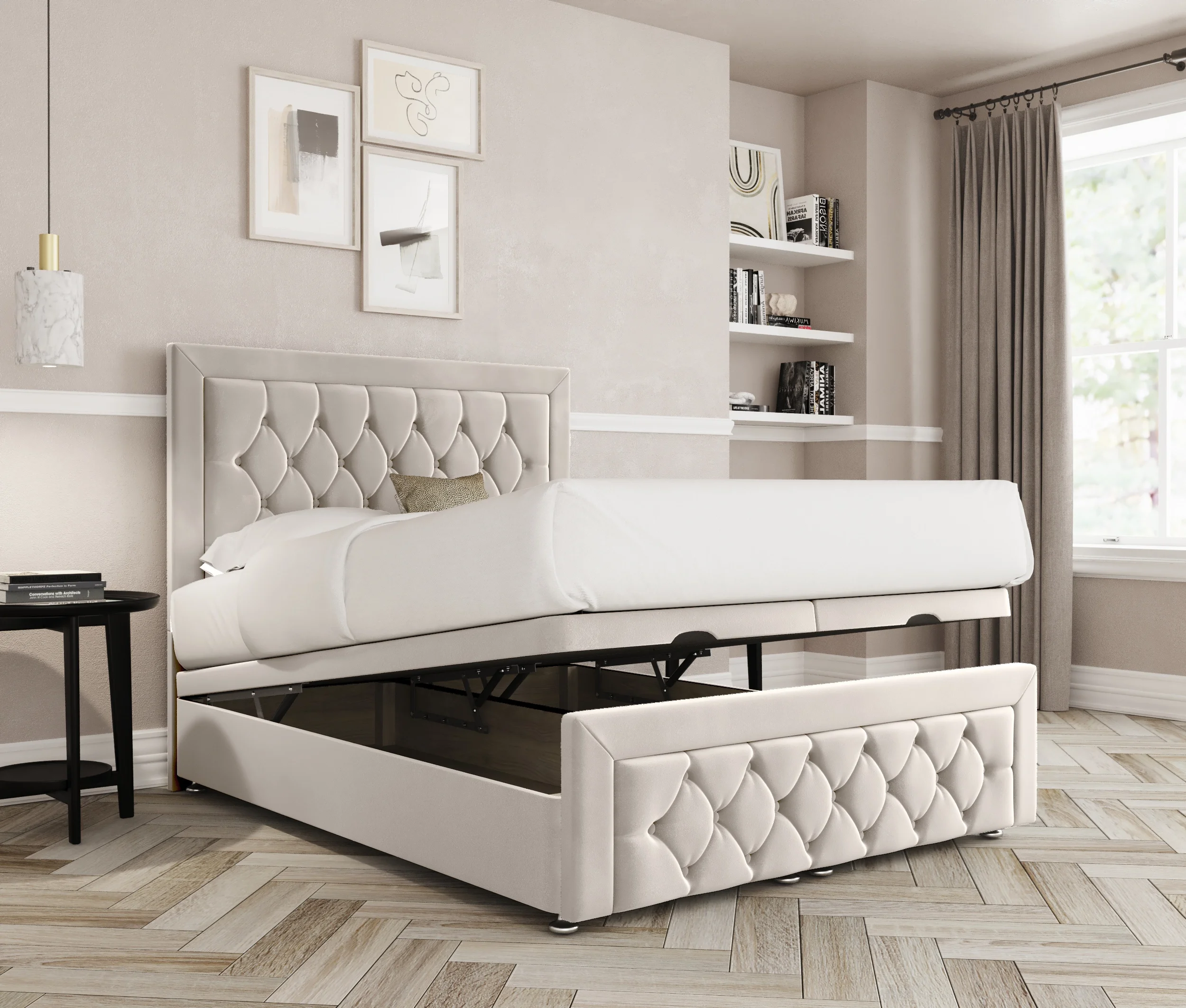 a bed with a bed frame