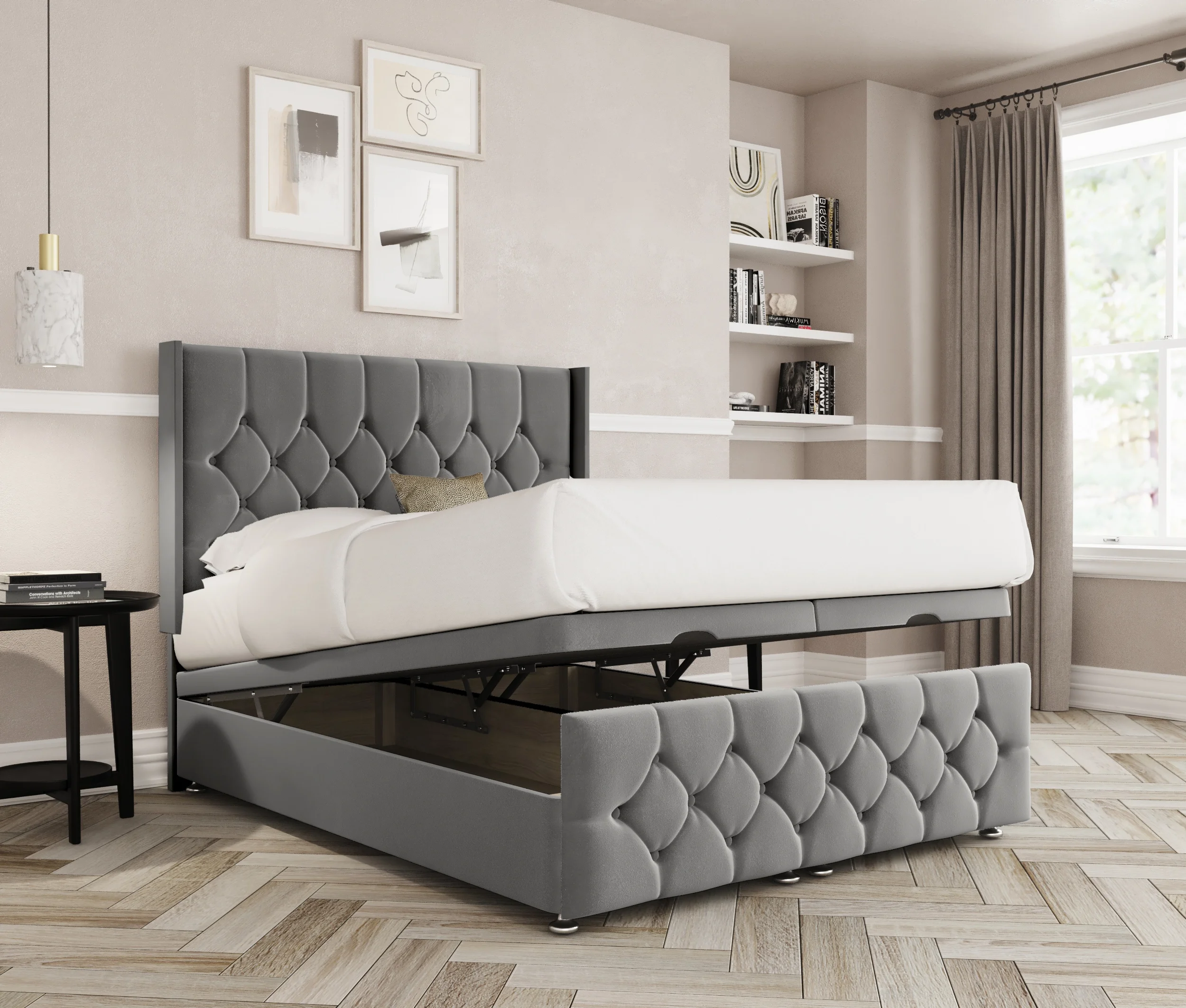 a bed with a bed frame