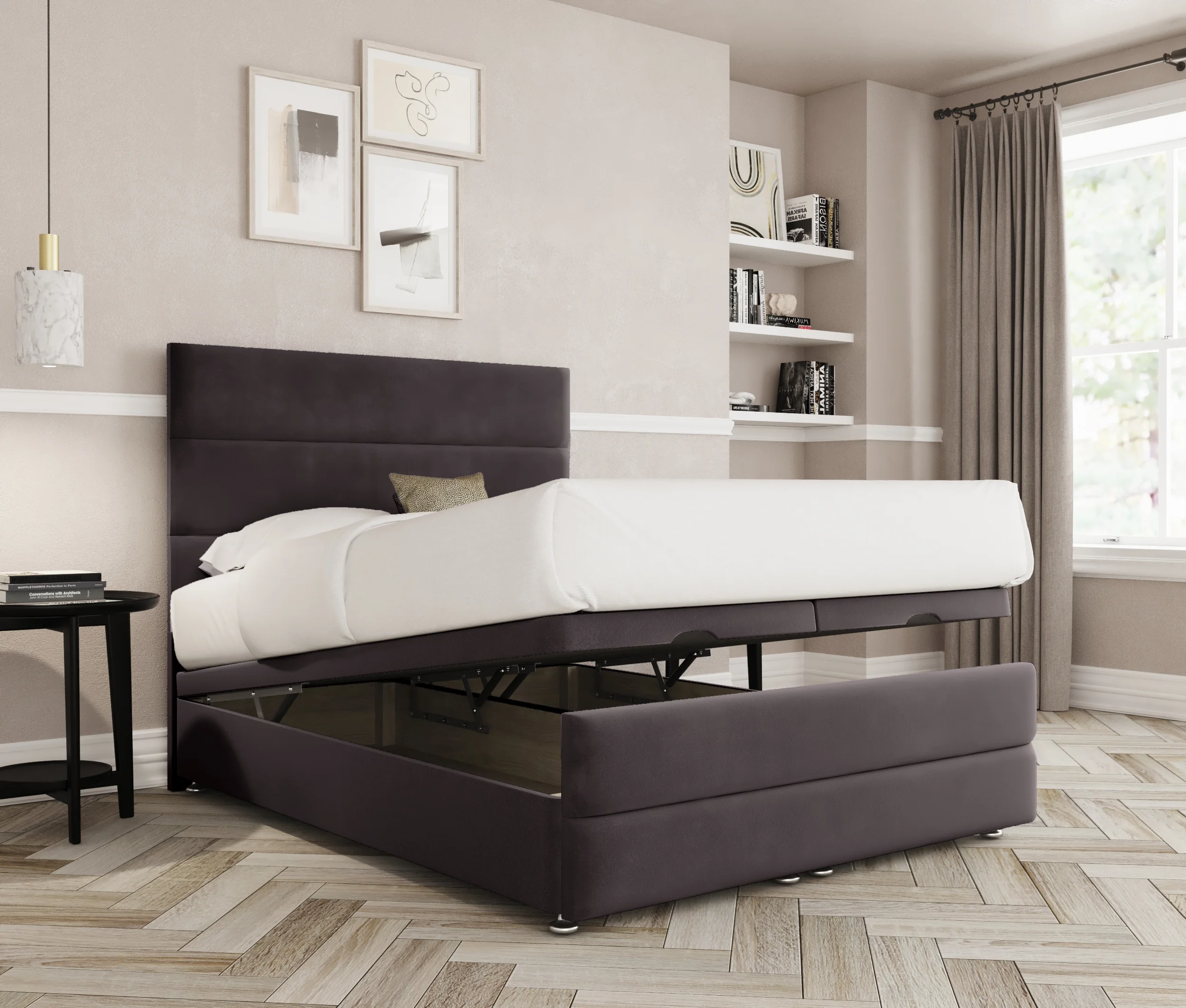 a bed with a bed frame