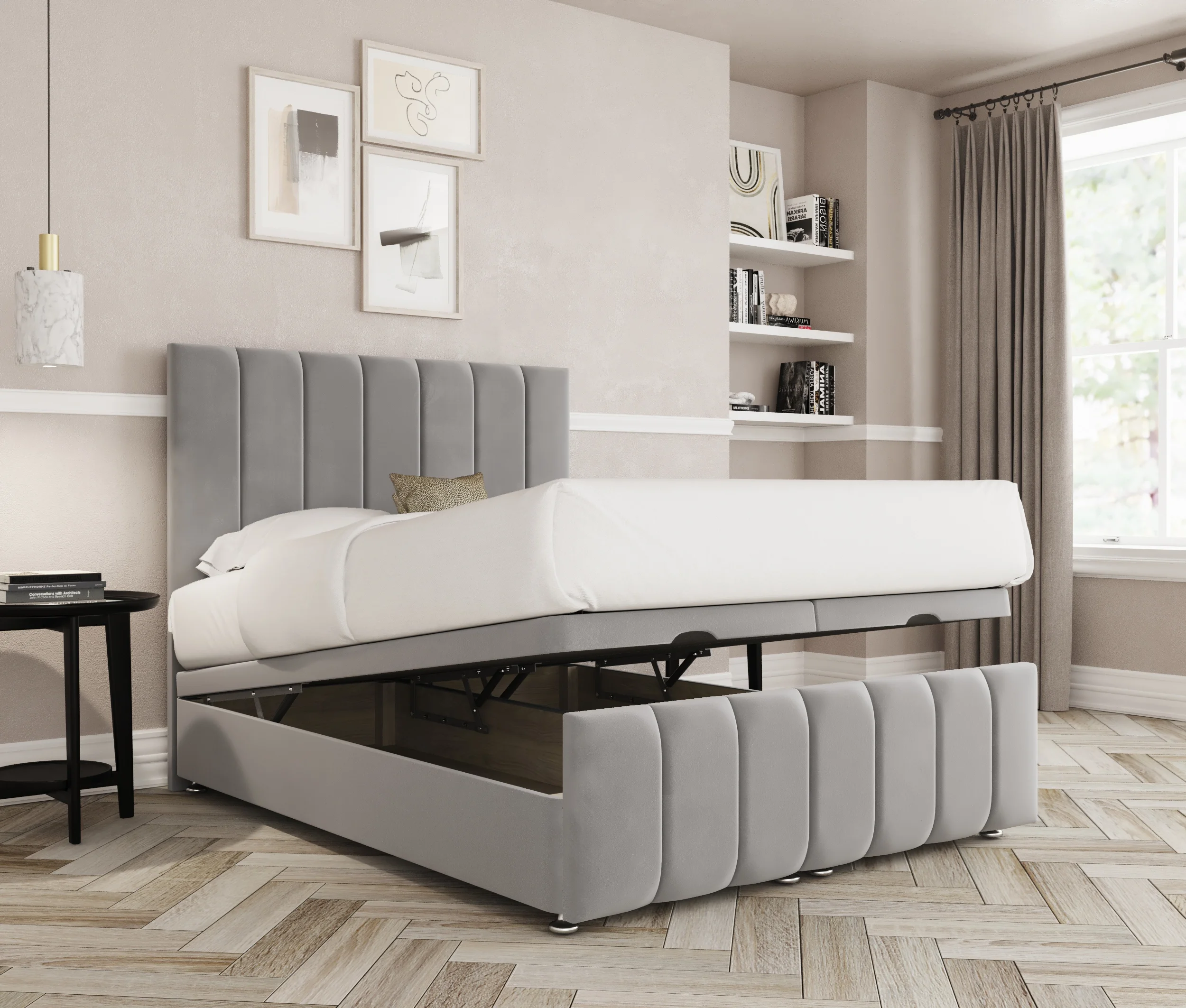 a bed with a bed frame