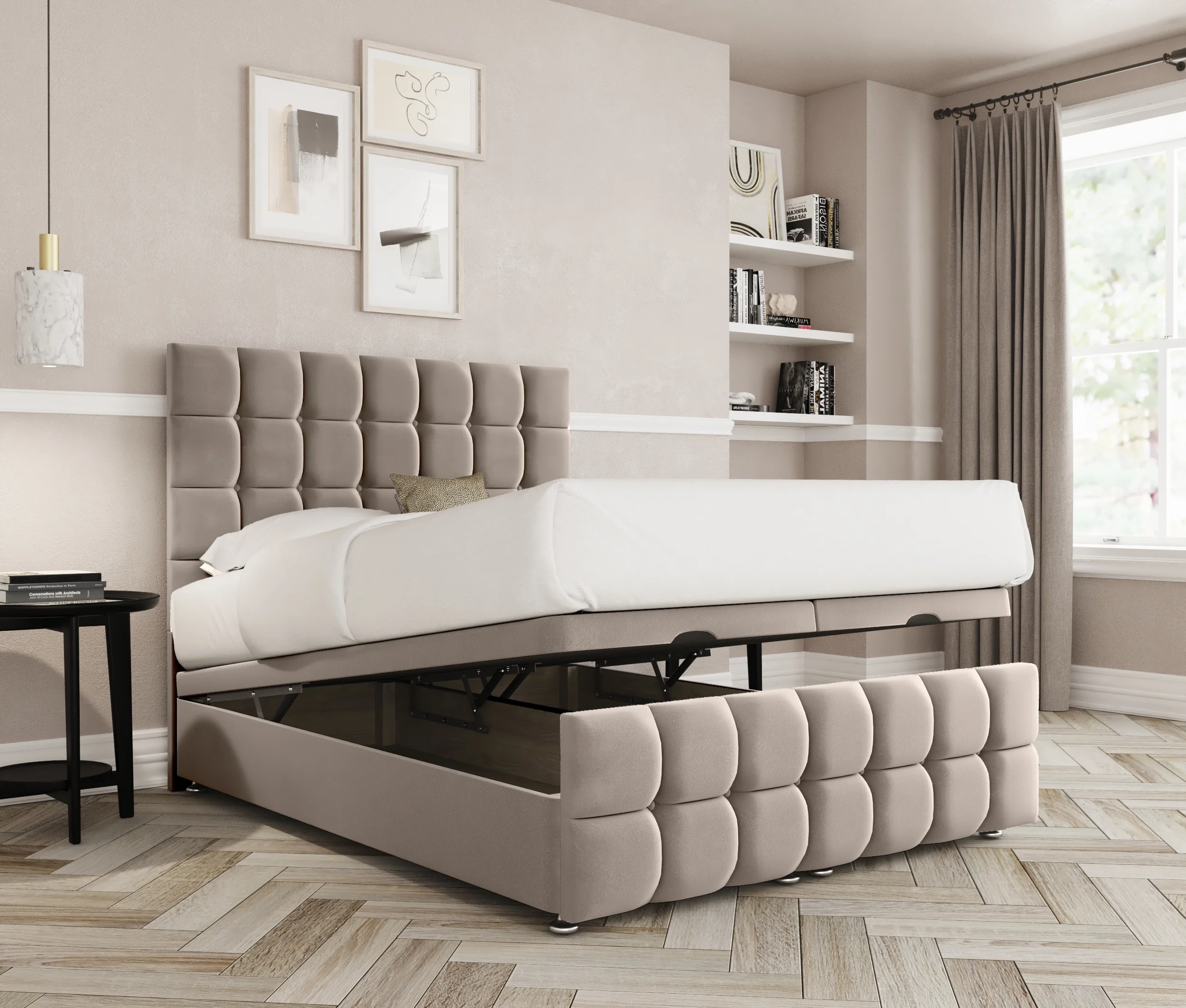 a bed with a storage bed