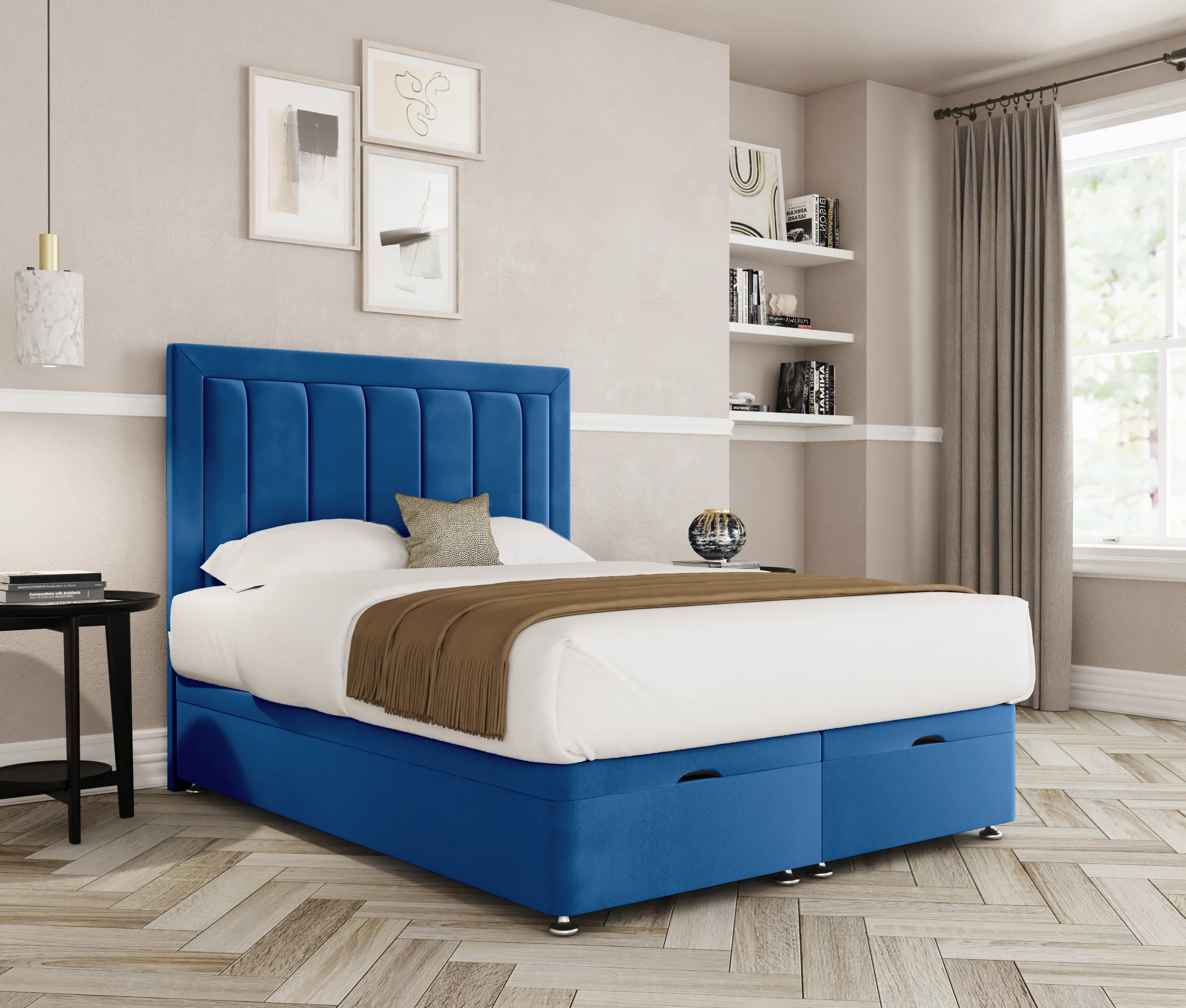 a blue bed in a room