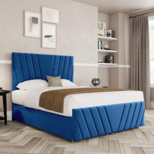 a blue bed in a room