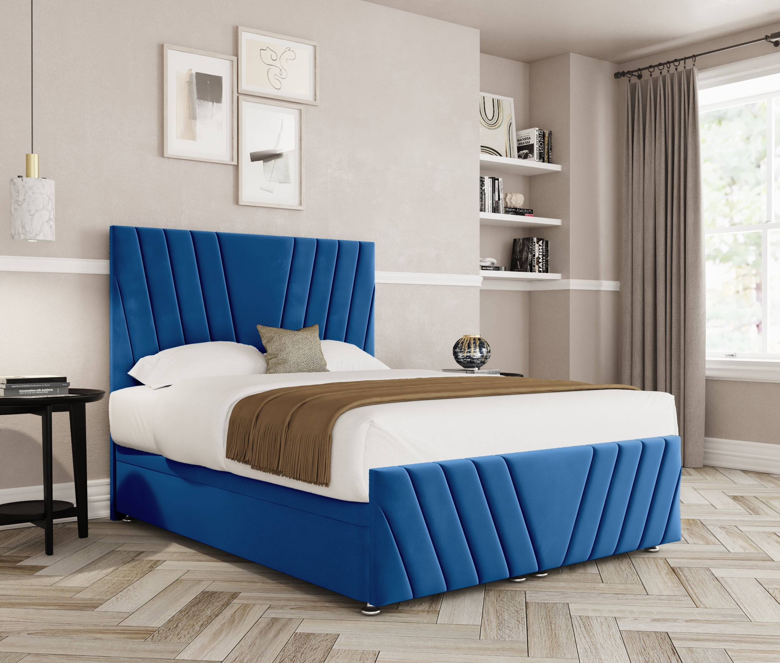 a blue bed in a room
