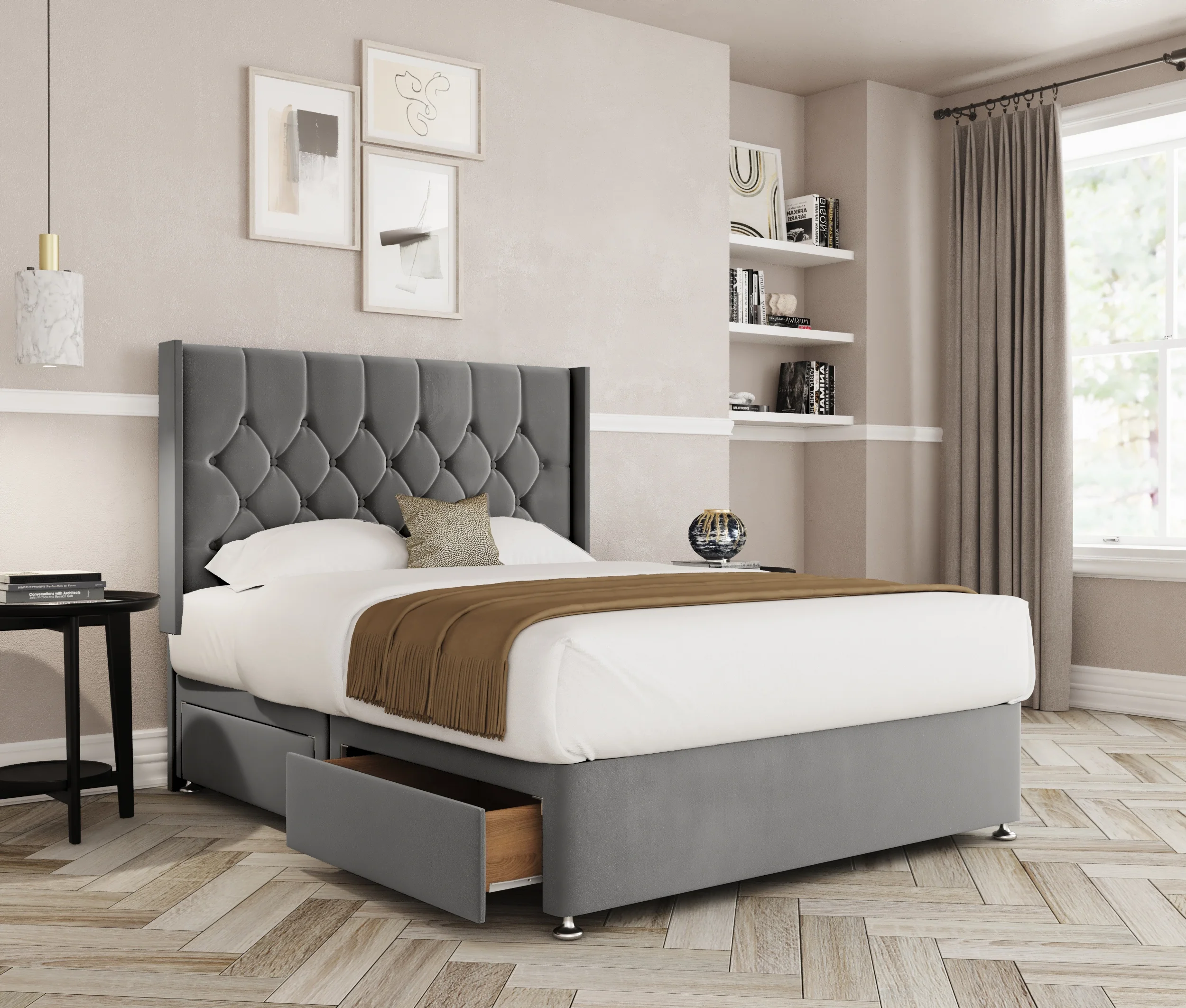 a bed with a storage drawer