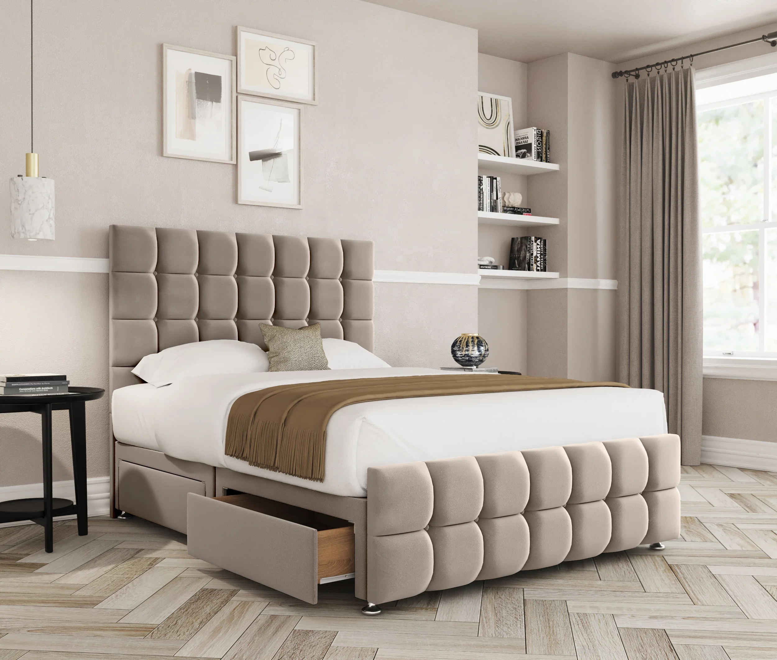 a bed with a storage drawer