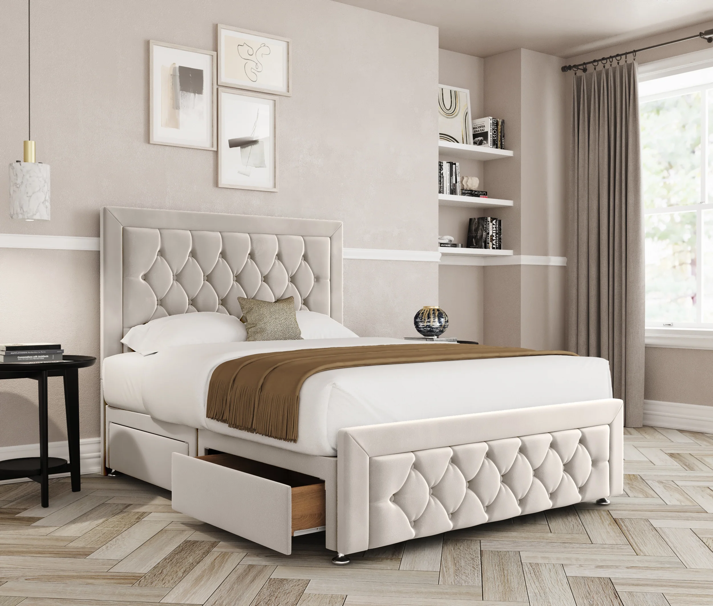 a bed with a storage drawer