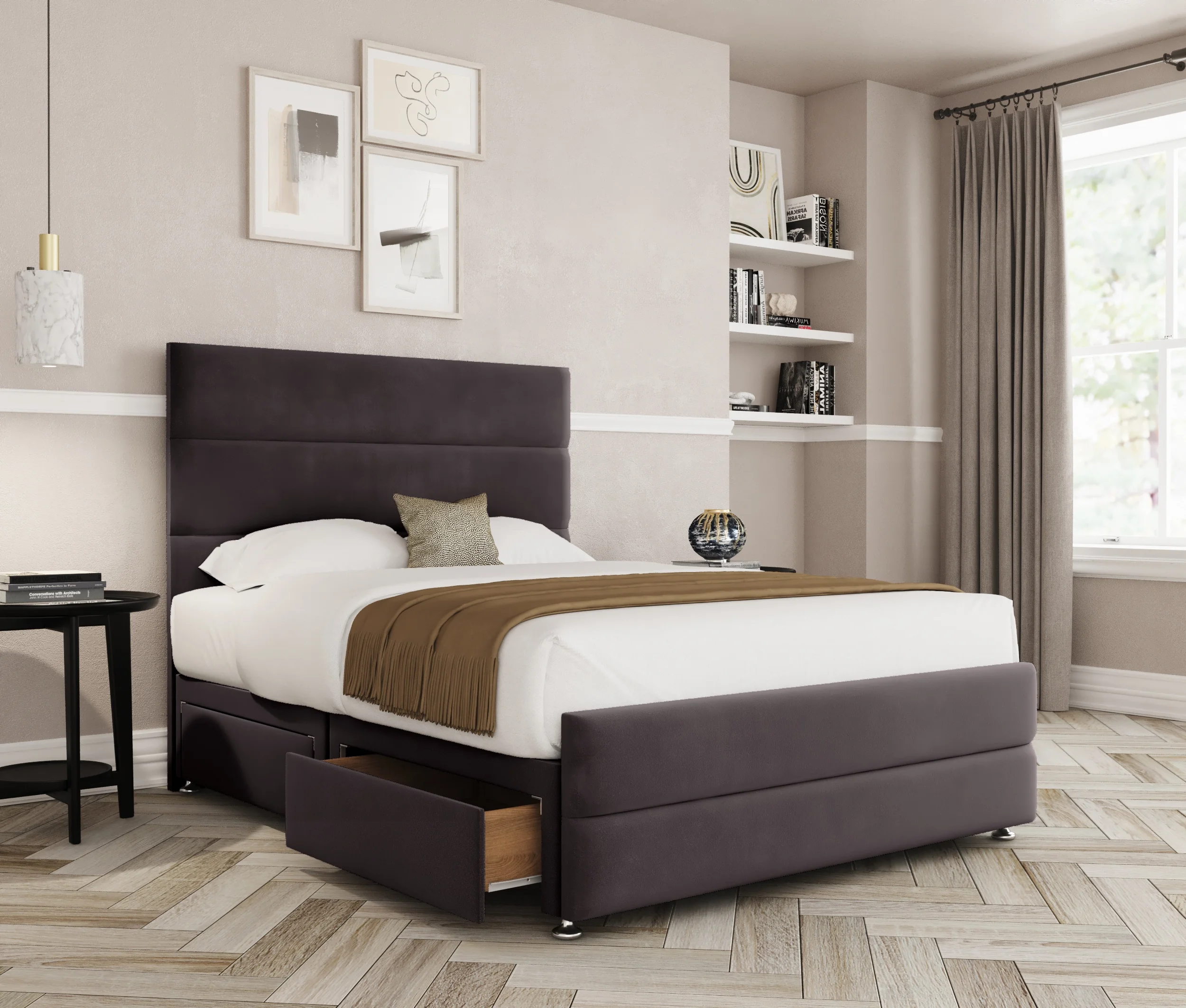 a bed with a storage drawer