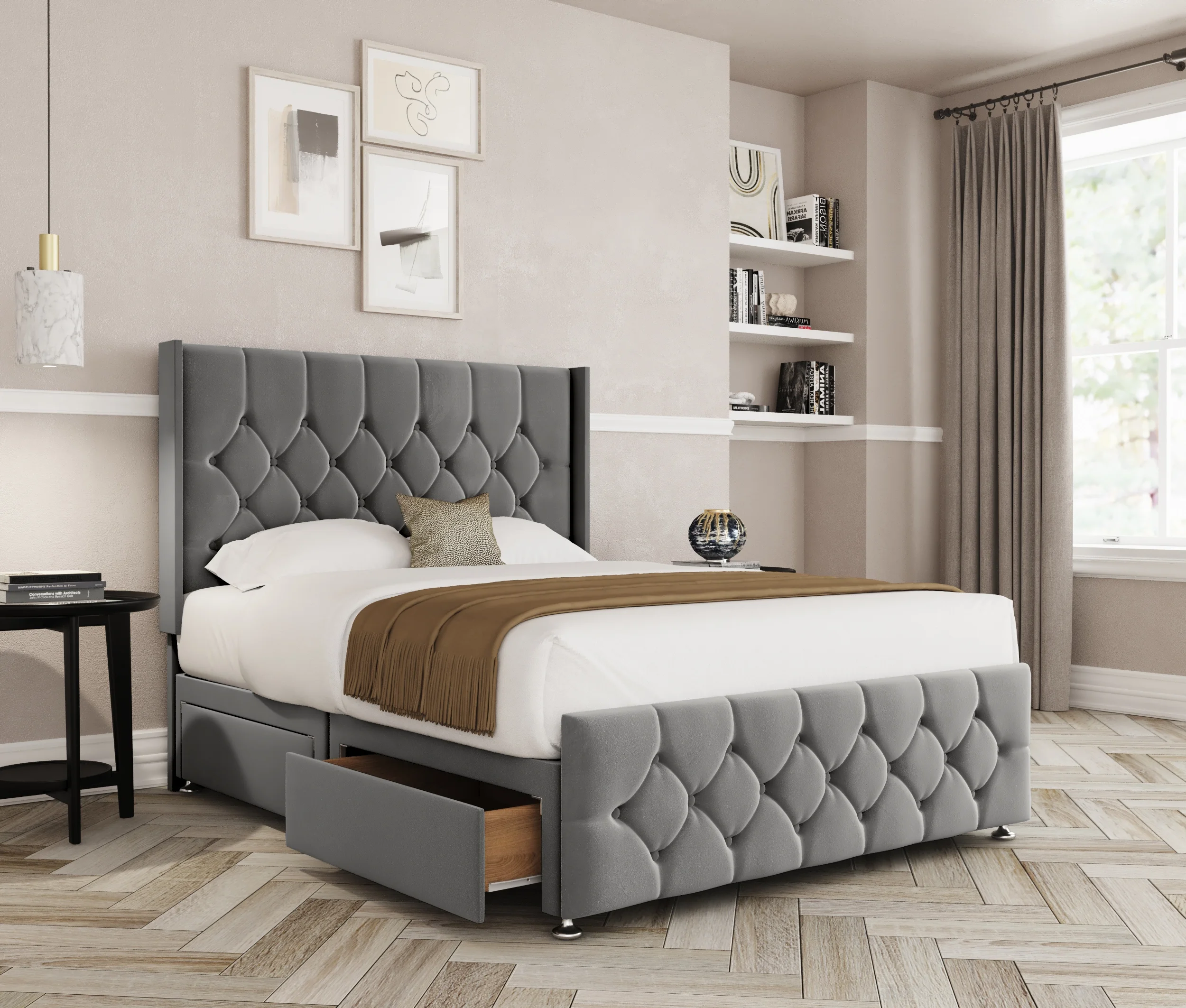 a bed with a storage drawer