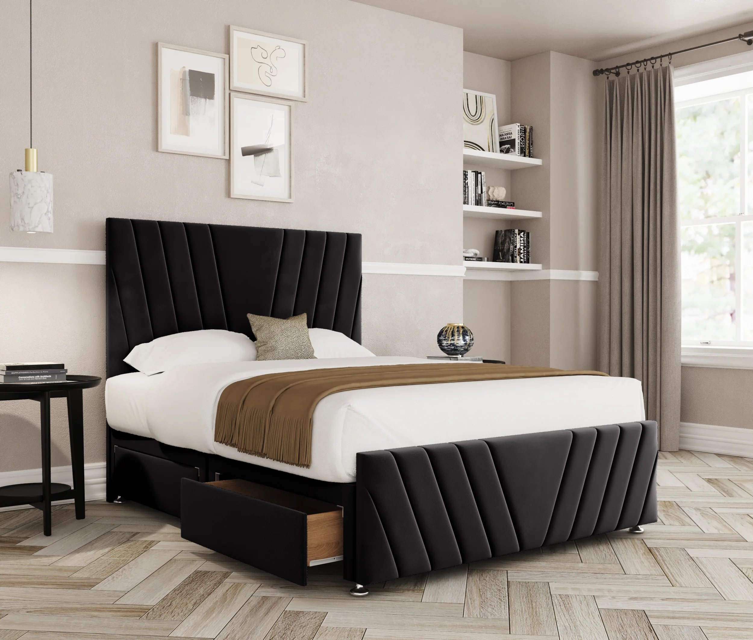 a bed with a black headboard