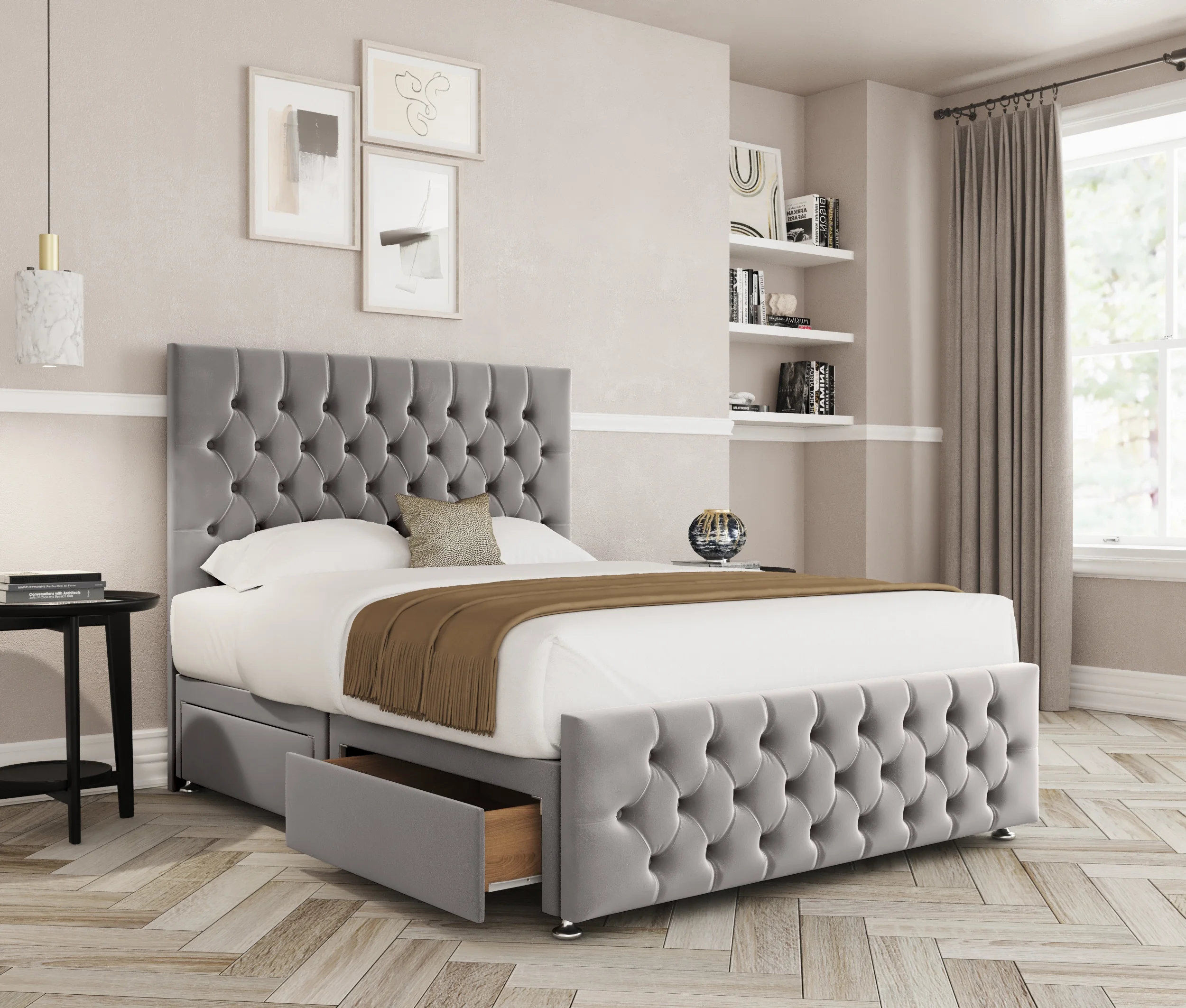 a bed with a storage drawer