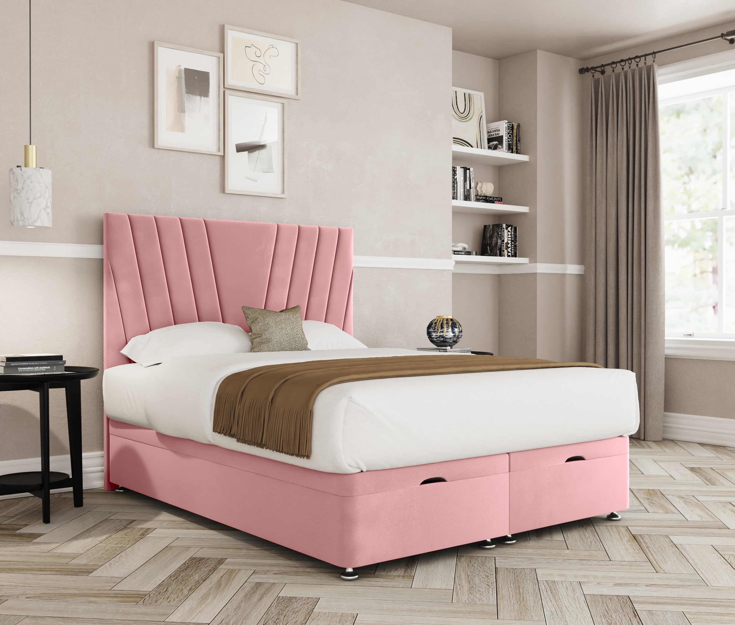 a pink bed in a room