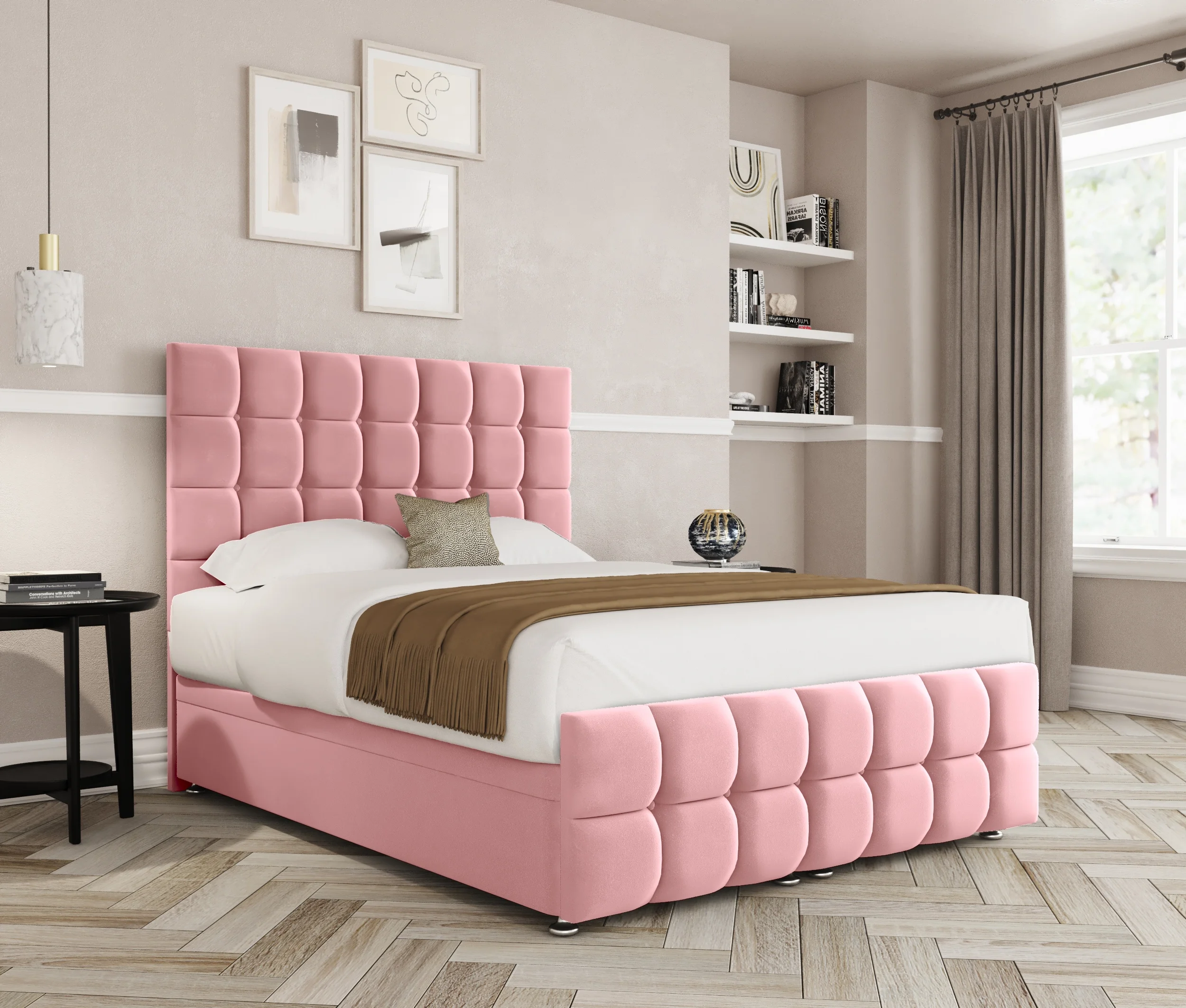 a pink bed in a room