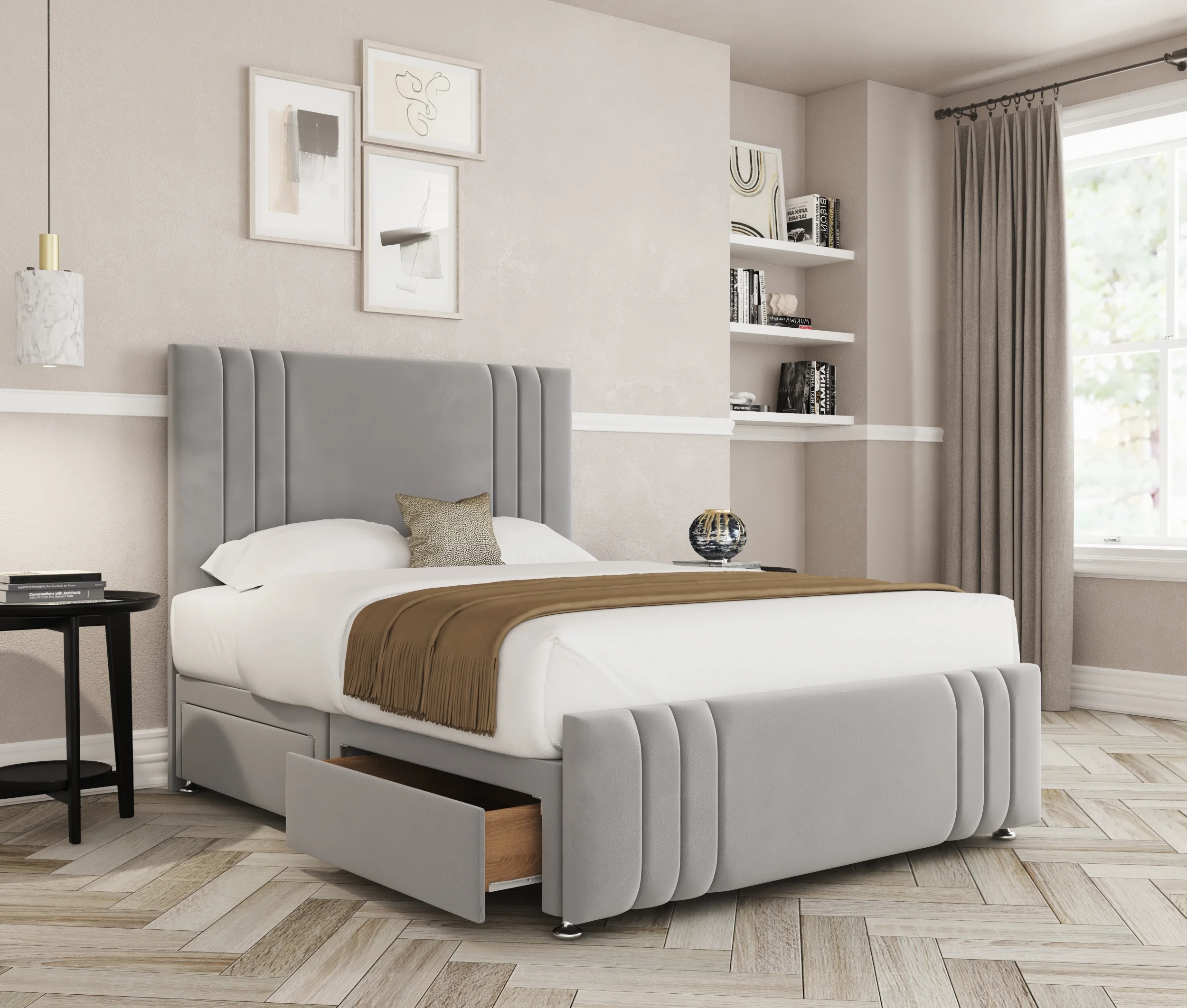 a bed with a storage drawer