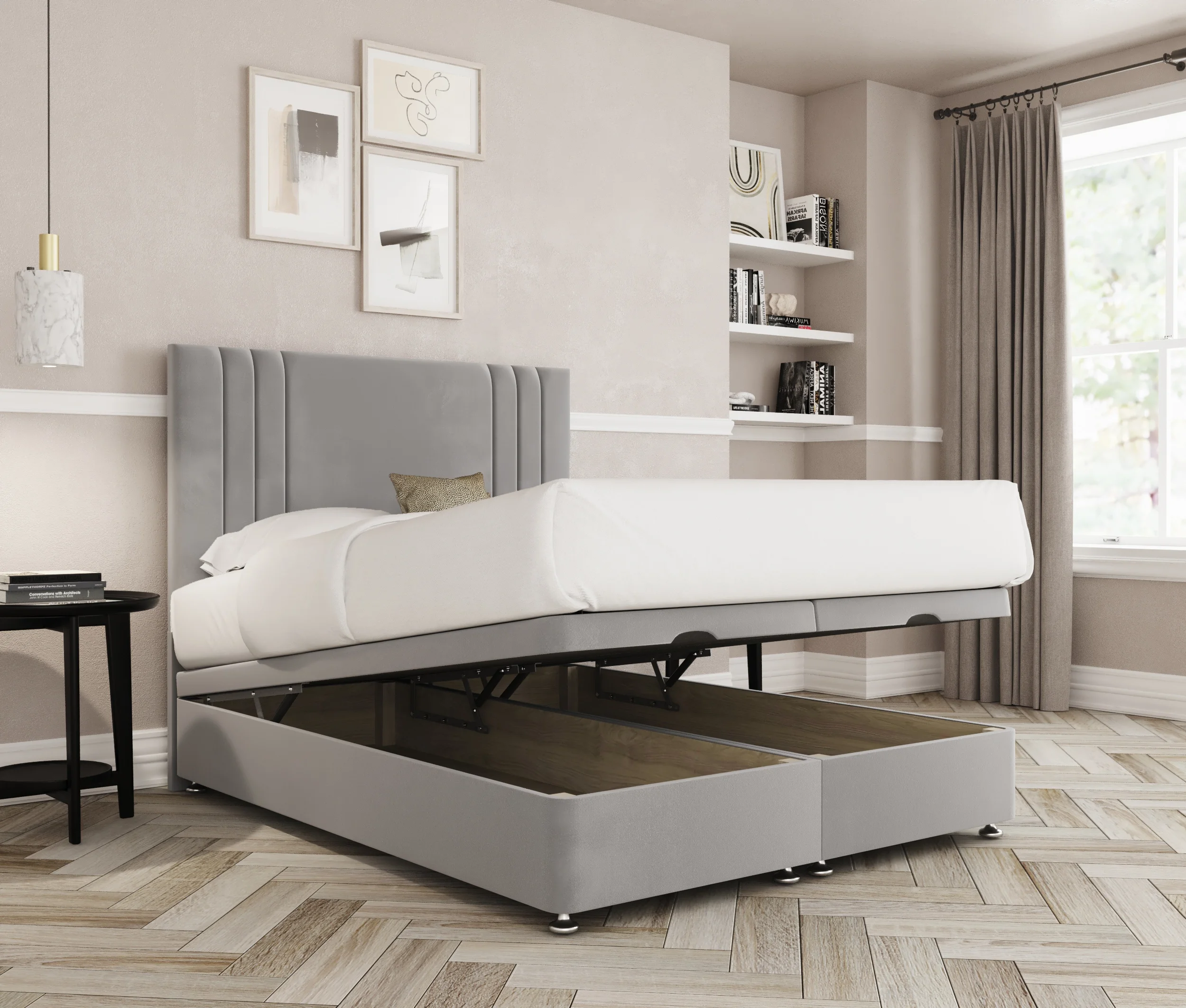 a bed with a storage bed