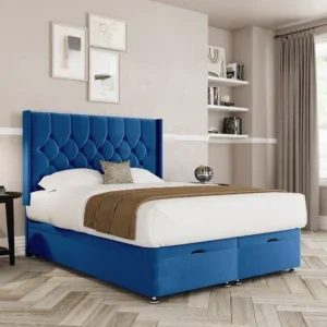 a blue bed in a room