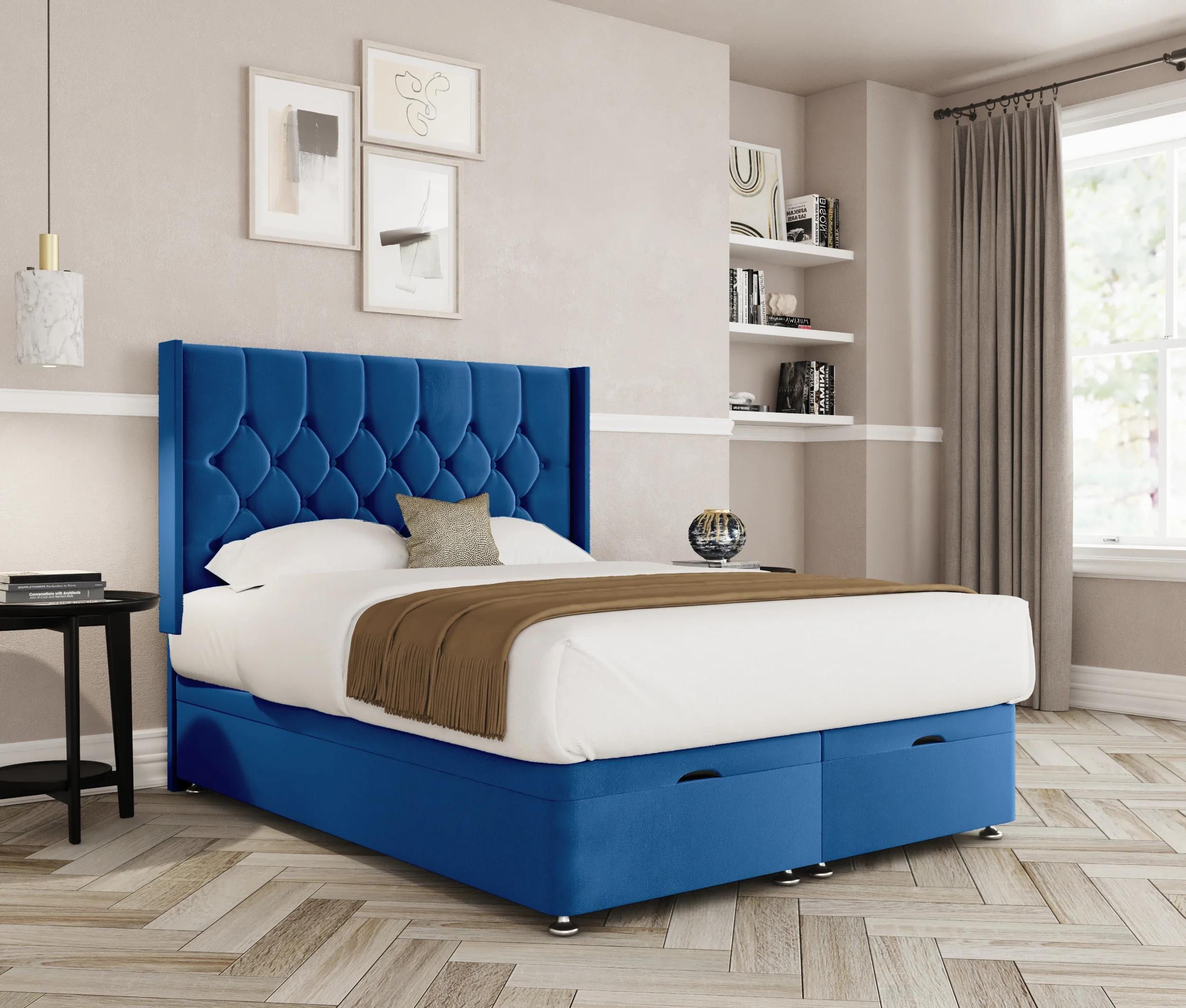a blue bed in a room