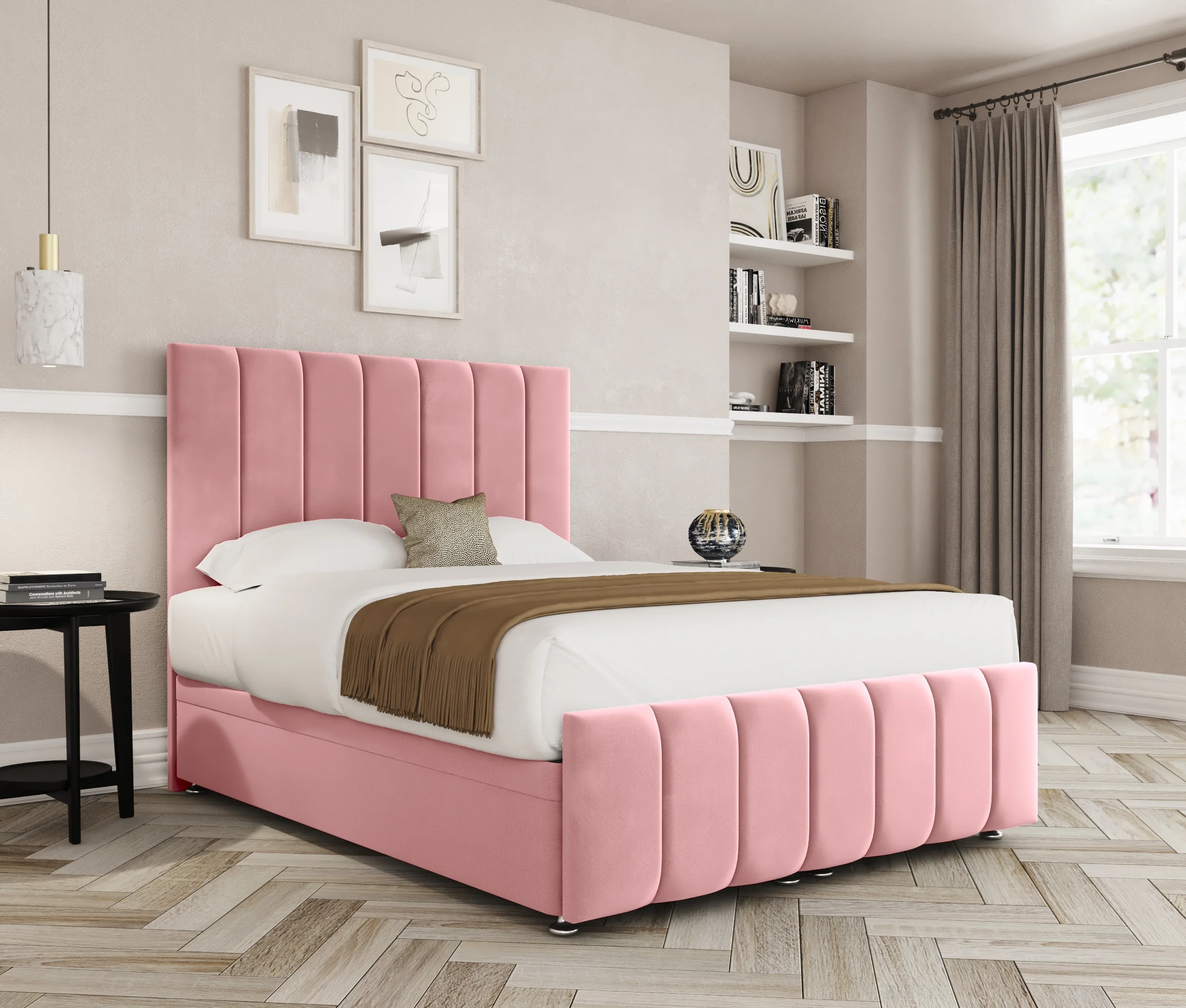a pink bed in a room