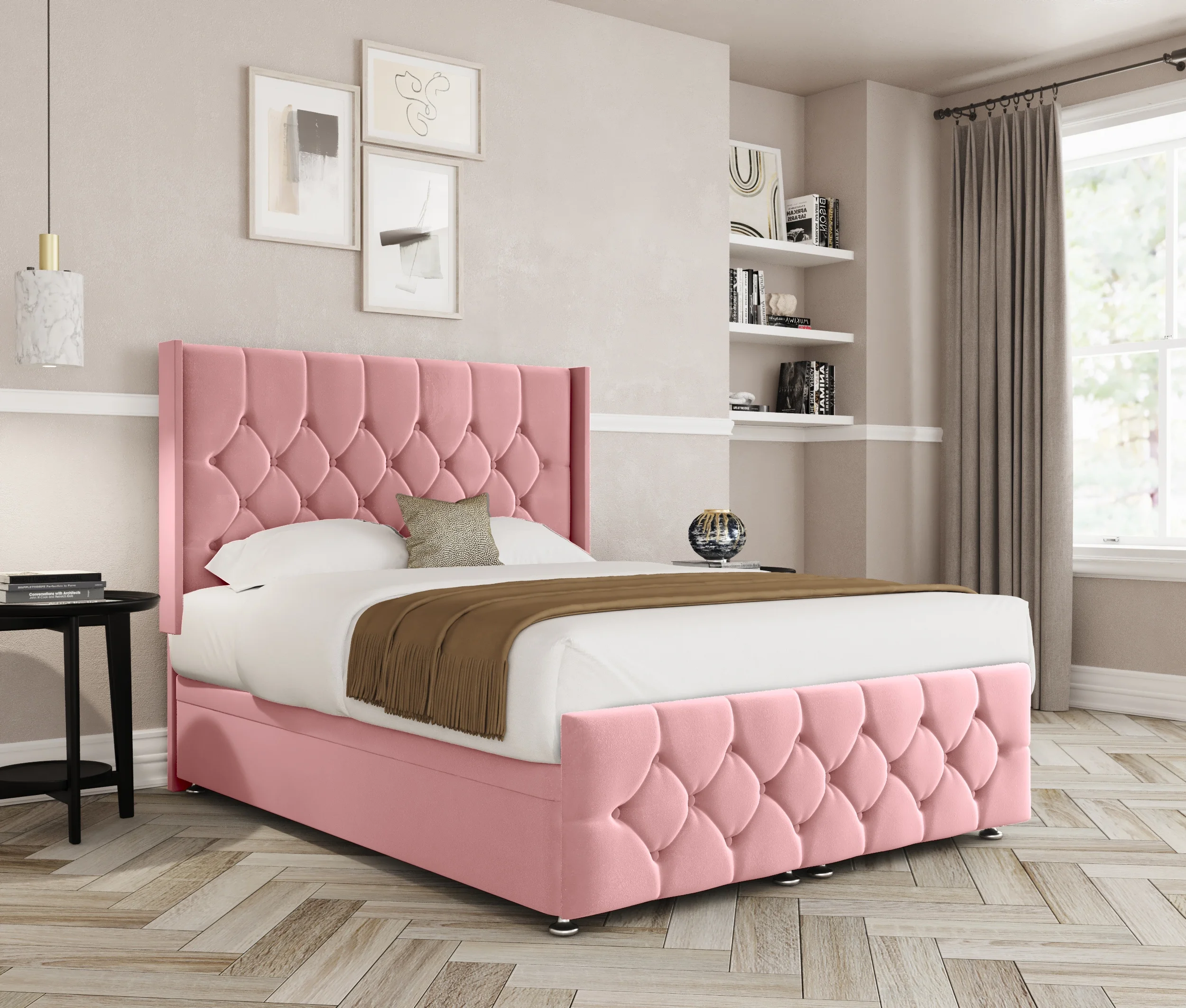 a pink bed in a room