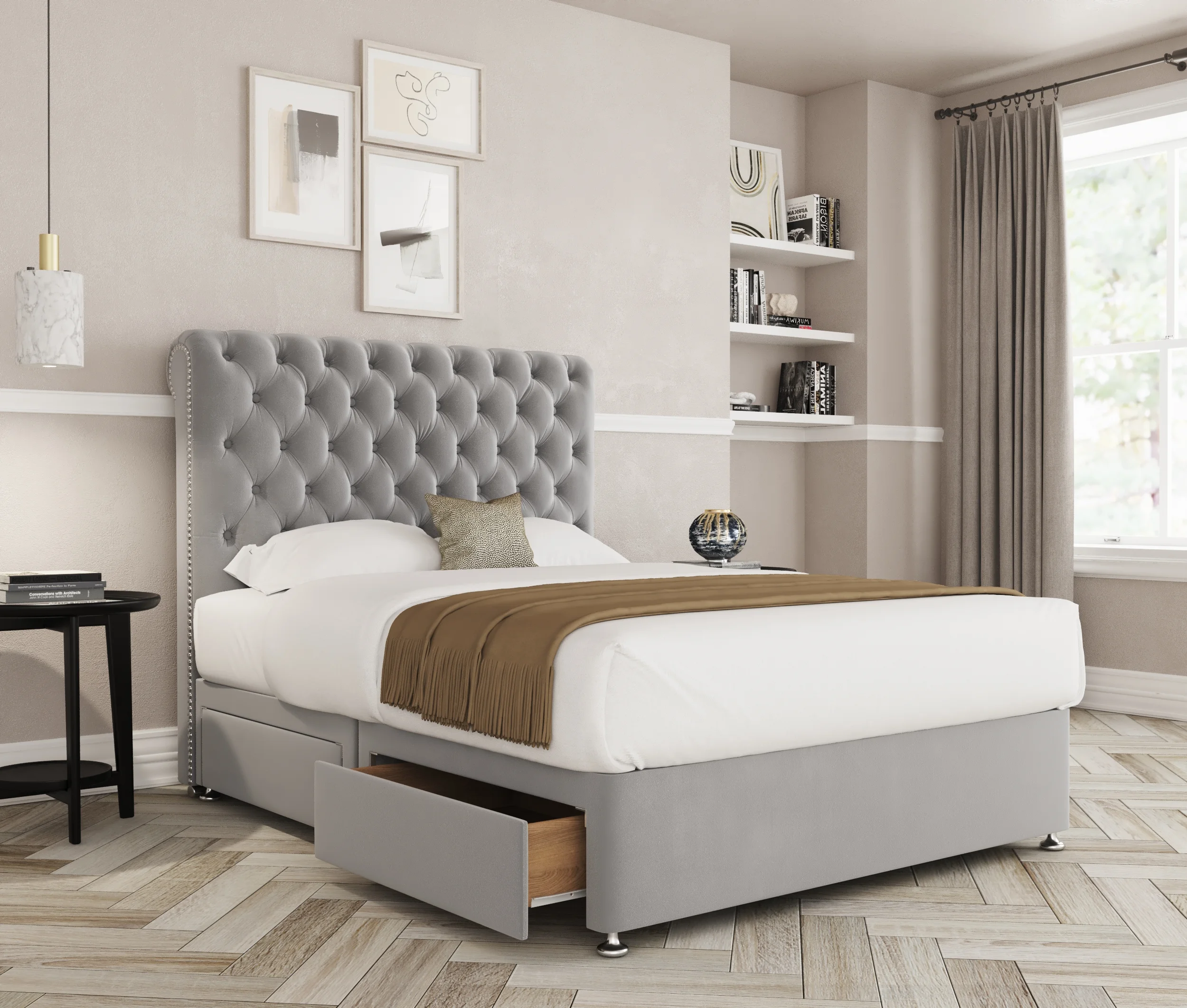 a bed with a storage drawer