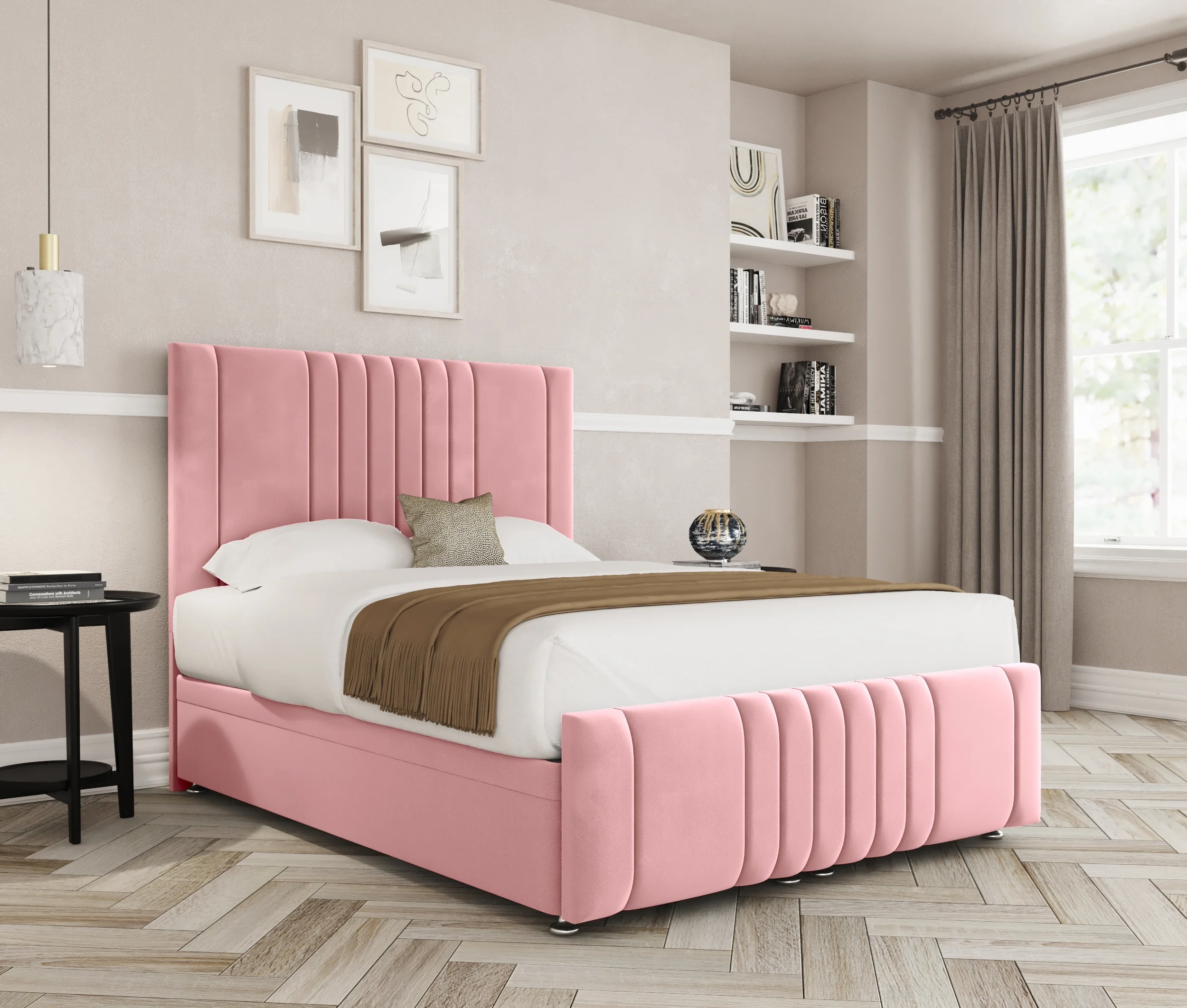 a pink bed in a room