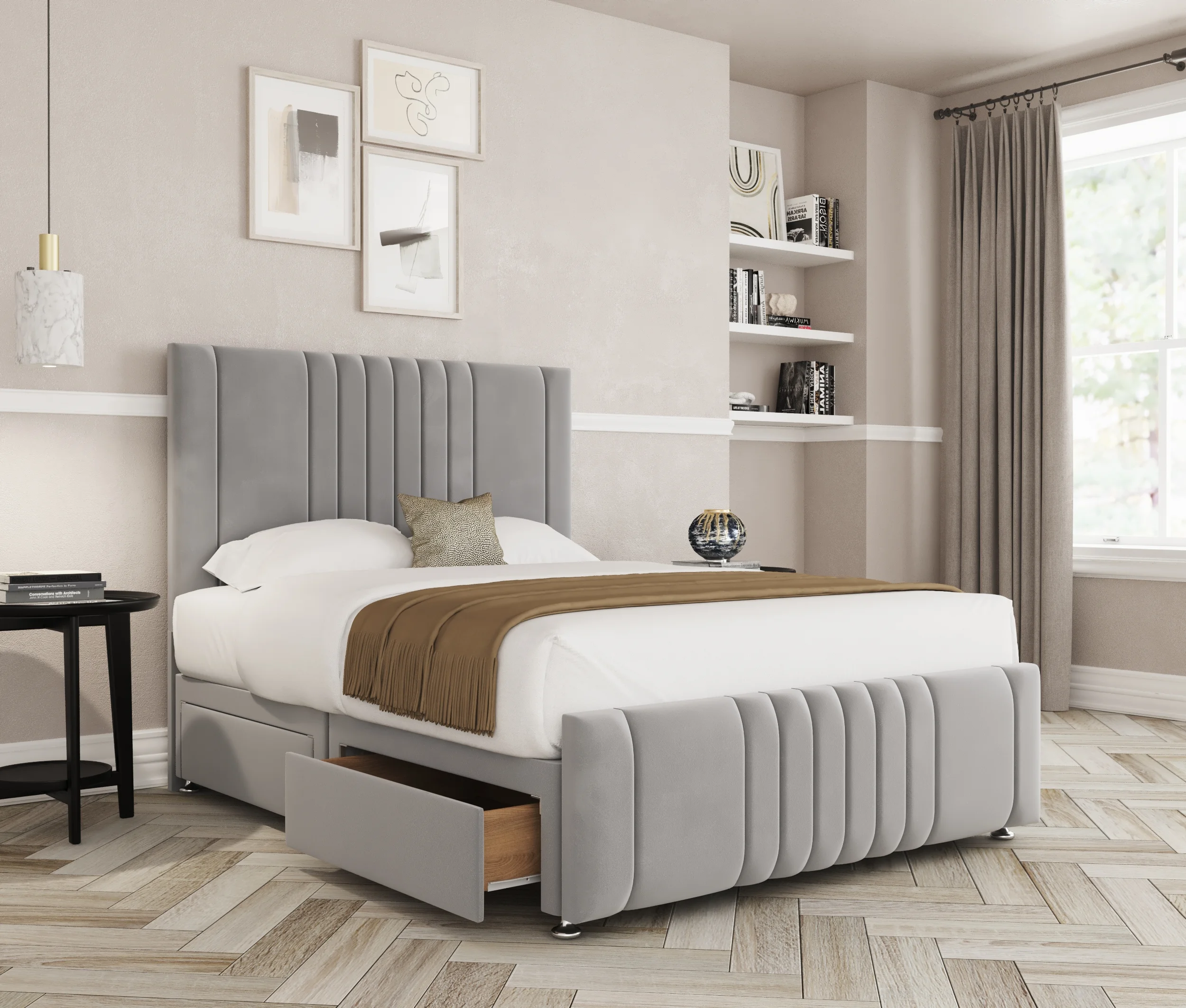 a bed with a storage drawer