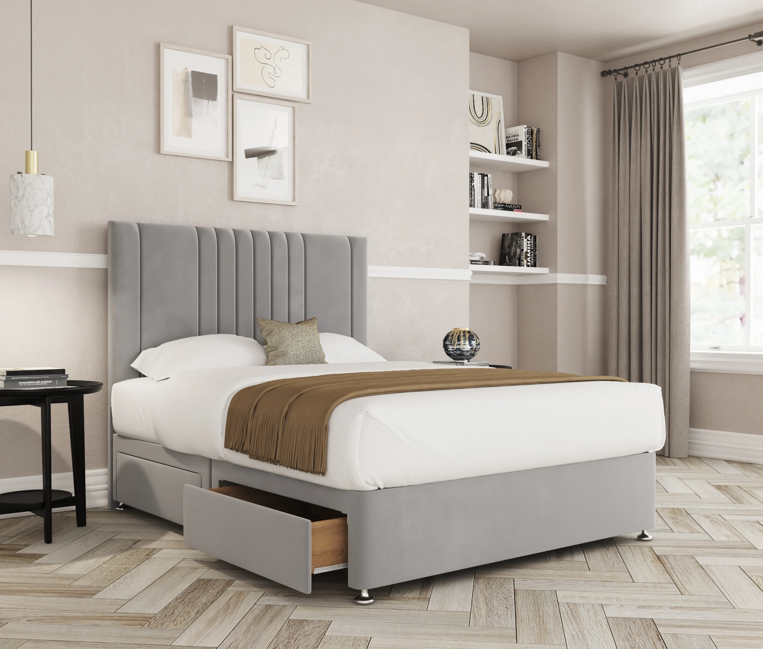 a bed with a storage drawer