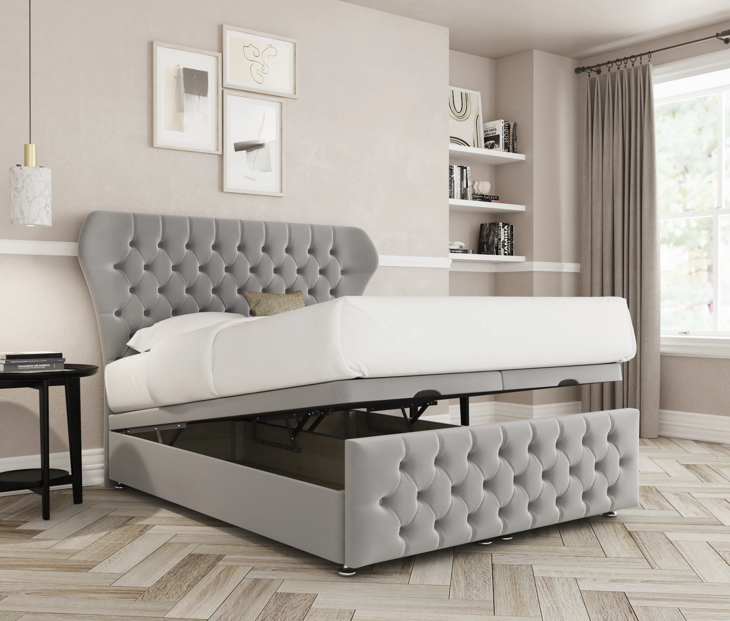 a bed with a bed frame