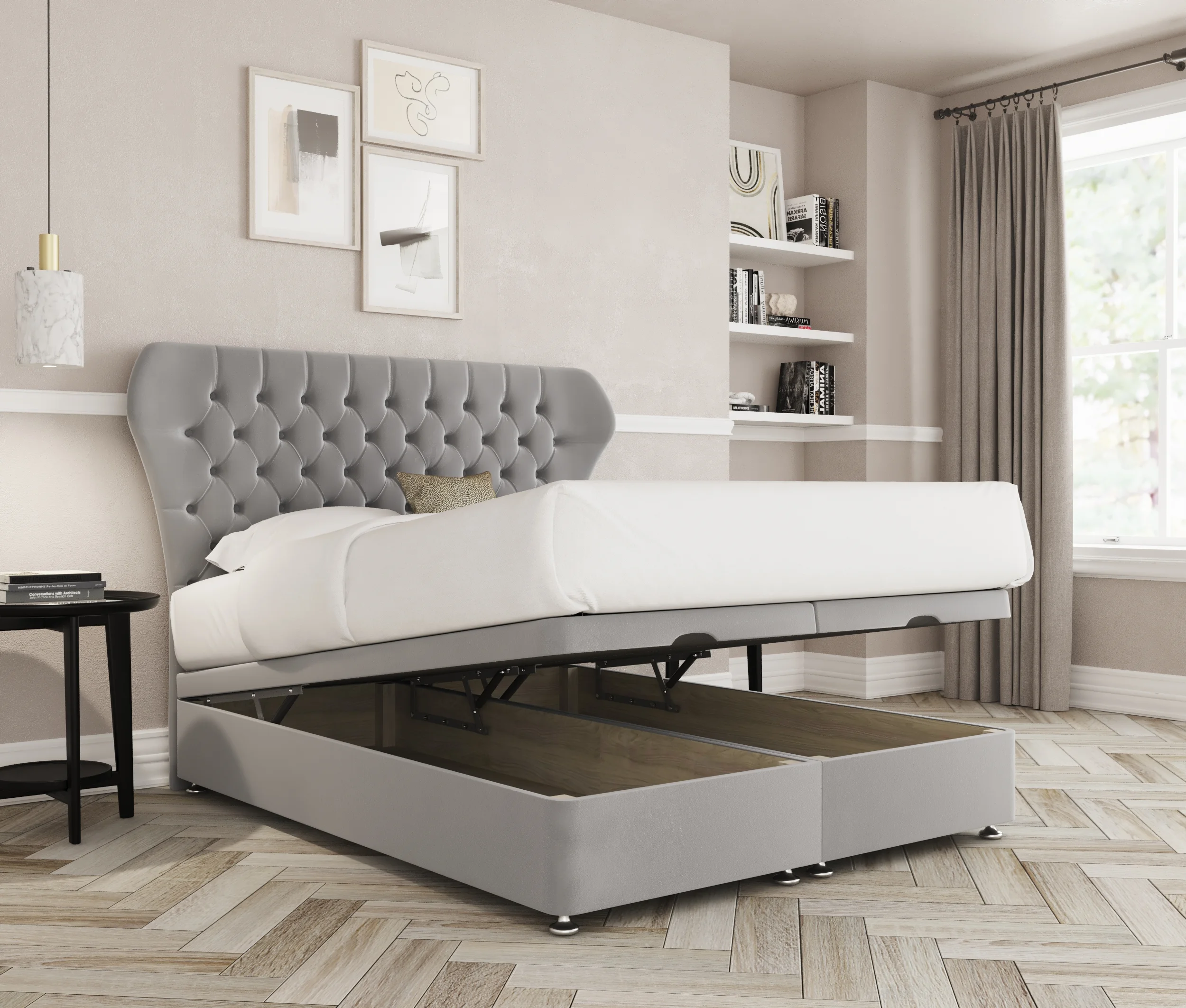a bed with a storage bed