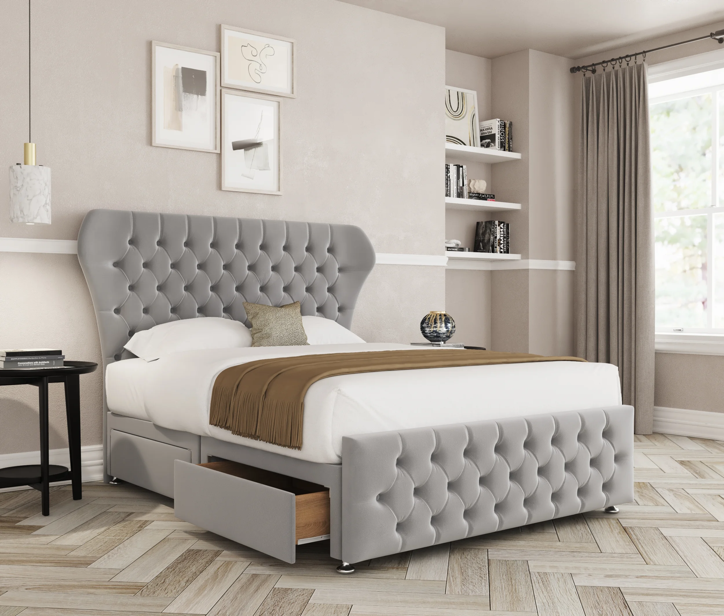 a bed with a storage drawer