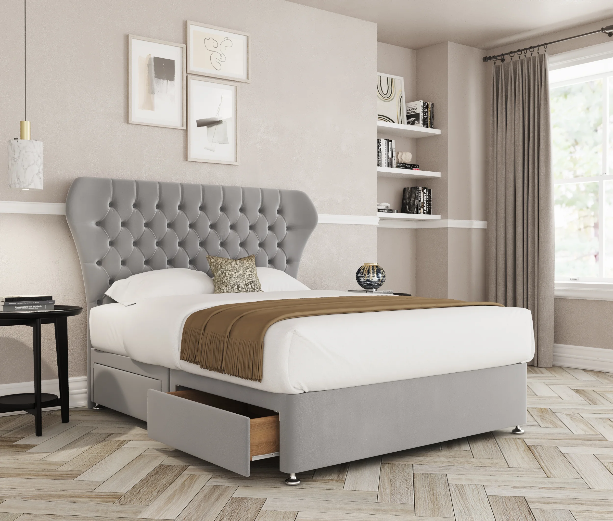 a bed with a storage drawer