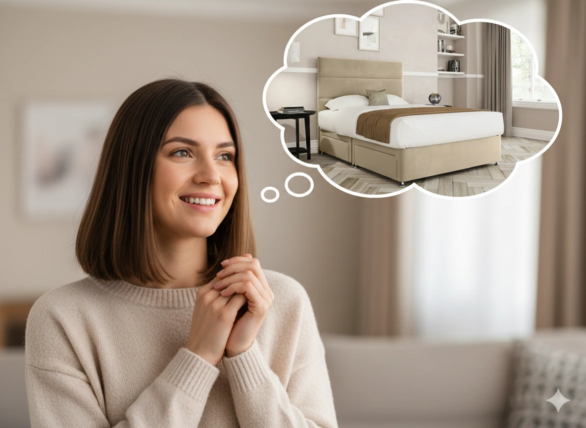 Woman choosing between a single double bed or a double bed Woman choosing between a single double bed or a double bed