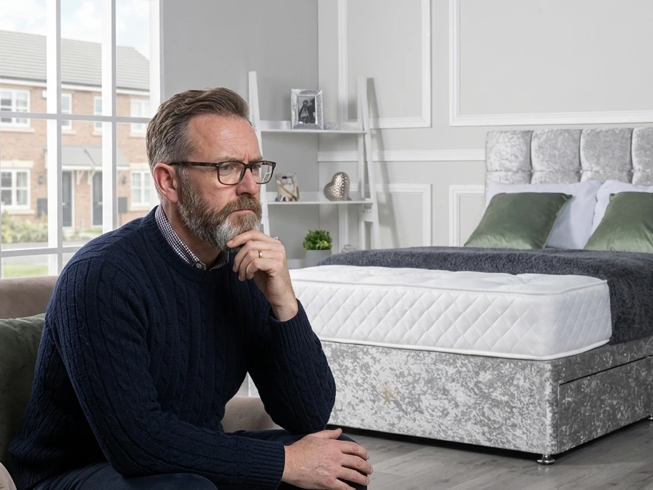 Man thinking if a small double bed and a standard double bed are the same Man thinking if a small double bed and a standard double bed are the same